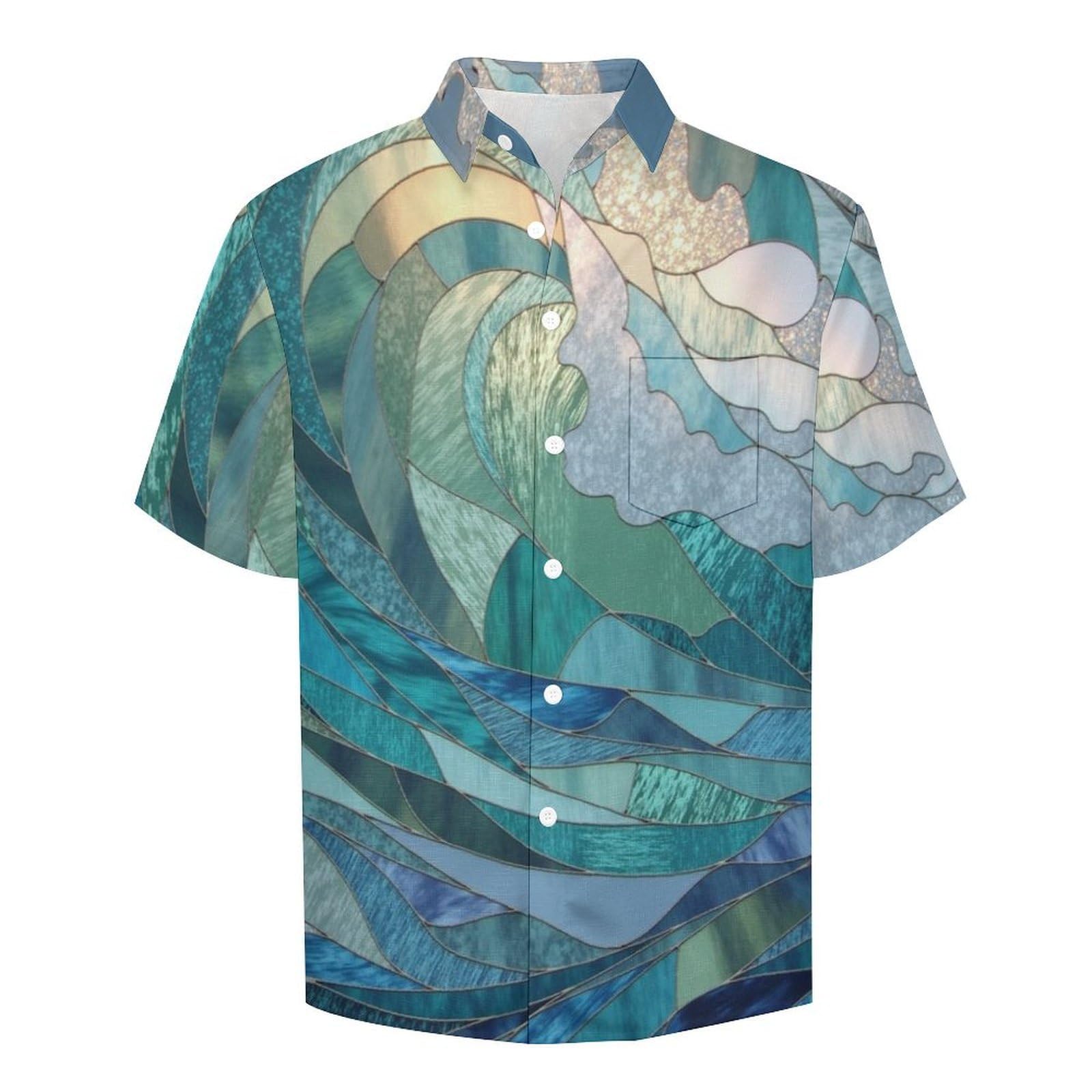 Funky Camicia Hawaiana Uomo, Manica Corta Design Aloha Camicie con Bottoni, Estiva Camicie a Onde Oceaniche su Lastra di Vetro Casual Stampa Spiaggia Estate Arte Astratta Camicia