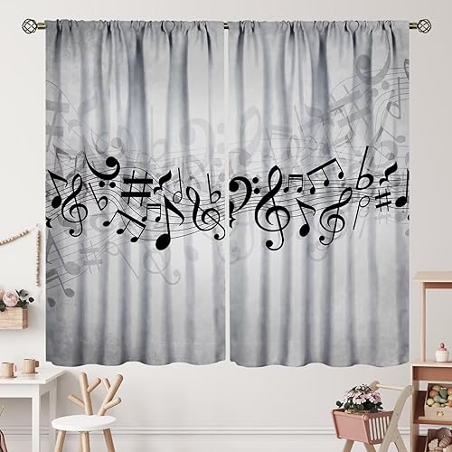 Miniatura 52 de Cortinas de notas musicales, rústicas, mágicas, notas musicales, arte retro, piano y violín, cortina con bolsillo para barra para dormitorio, sala