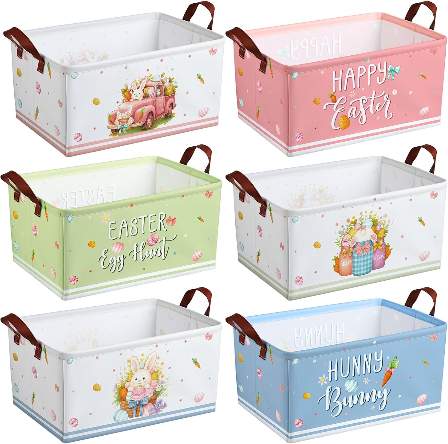 CHENGU 6 Pack Easter Storage Bin Collapsible Easter Basket for Gifts Large Bunny Eggs Black White Holiday Decor Decorative Rabbit Basket Farmhouse Foldable Box with Handle for Bedroom Office Home