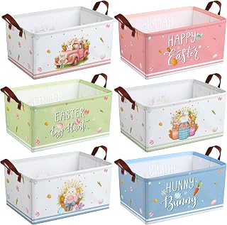 CHENGU 6 Pack Easter Storage Bin Collapsible Easter Basket for Gifts Bunny Eggs Holiday Decor Large Rabbit Basket Foldable Colorful Truck Box with Handle for Bedroom Office Home