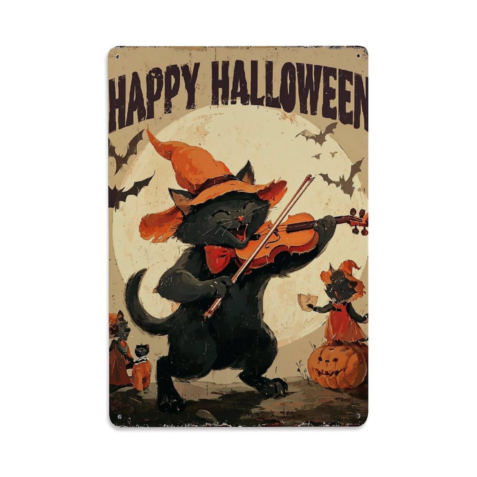 Jdyaojiesheng Vintage Black Cat Witch Violin Halloween Bats Tin Sign Retro Metal Wall Decor Metal Poster, Home Bar Garage Farmhouse Cafe Wall Art Decoration 8X12inches
