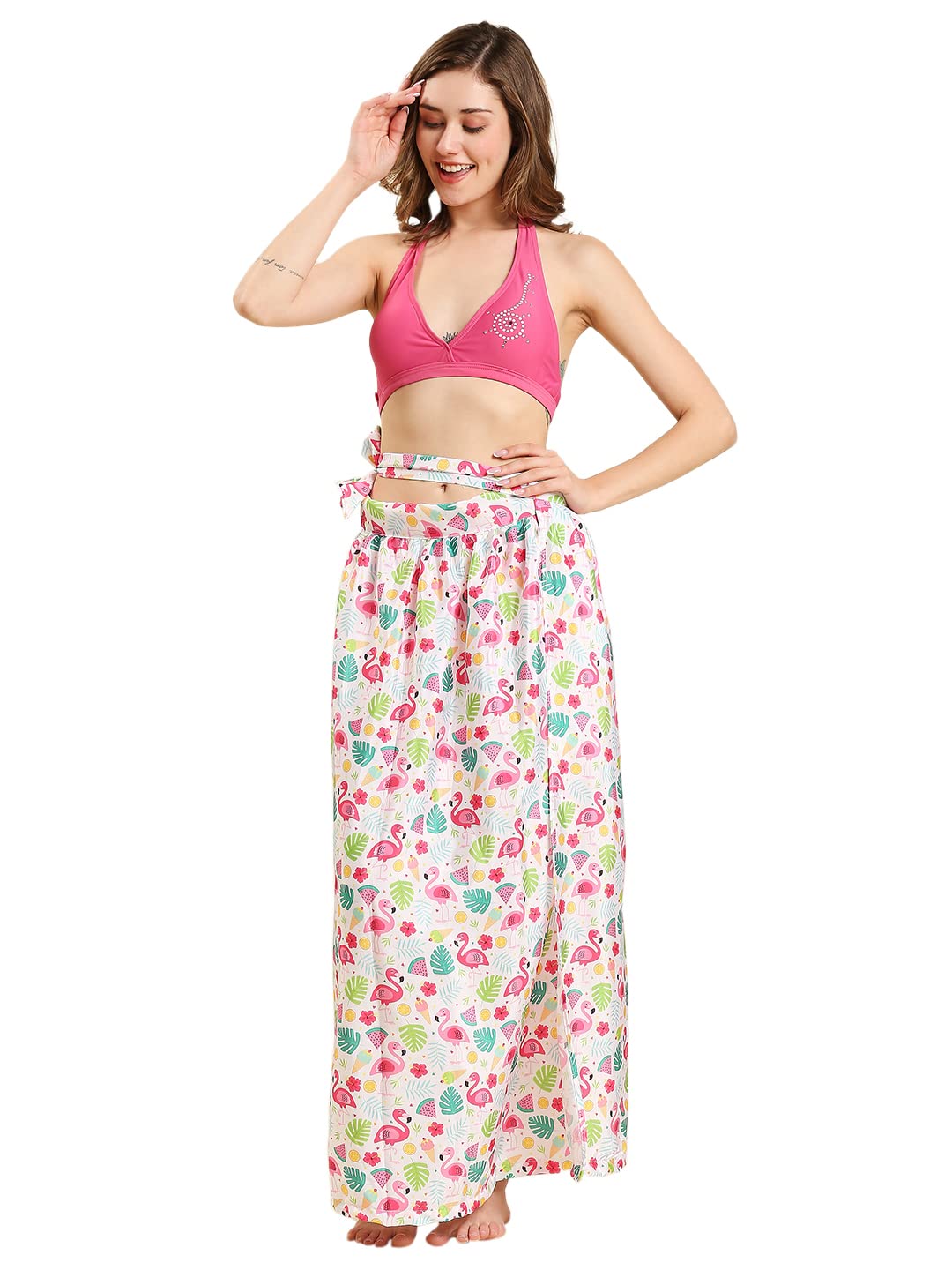 dupatta bazaar Women's Quirky Printed Crepe Satin Tie Up Long Skirt Sarong Beach Cover Up Sarong Wrap, Free Size-picture-16