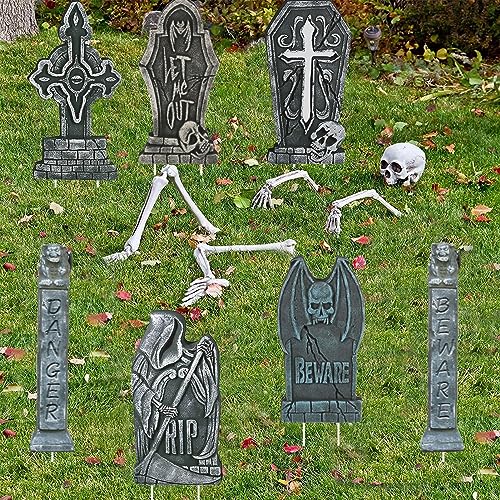 Halloween Grabstein Deko Outdoor XXL 81cm,7Pcs Gruselig RIP Grabstein Hof-Schilder Roadside Vorsicht Requisiten mit Erdspießen Gartendeko für Party,Spukhaus,Friedhof,Rasen im Freien,Draußen,Aussen
