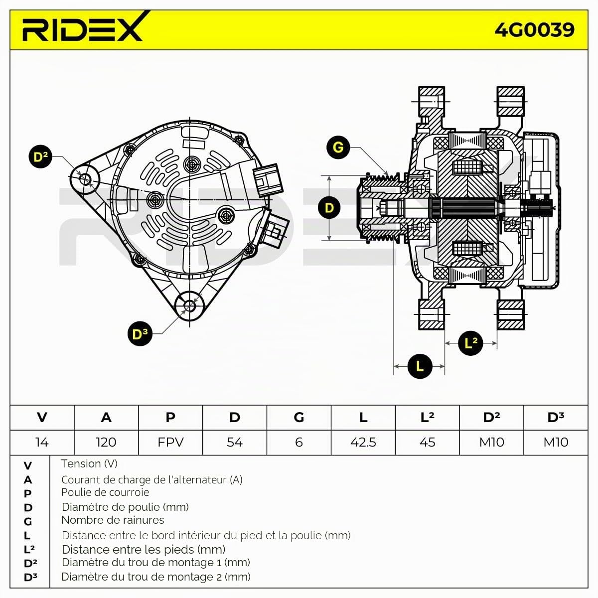RIDEX Alternateur 14V, 120A, 36050997 36000599 1229258 Compatible avec FORD Fiesta Mk5 3/5 portes JH1, JD1, JH3, JD3 Focus Mk2 3/5 portes DA, HCP, DP Kuga Mk2 DM2, VOLVO V50 545