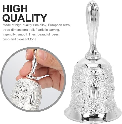 Vista 6 de Vaguelly Campana de mano – Alarma plateada para boda y templo para adultos e iglesia Plata