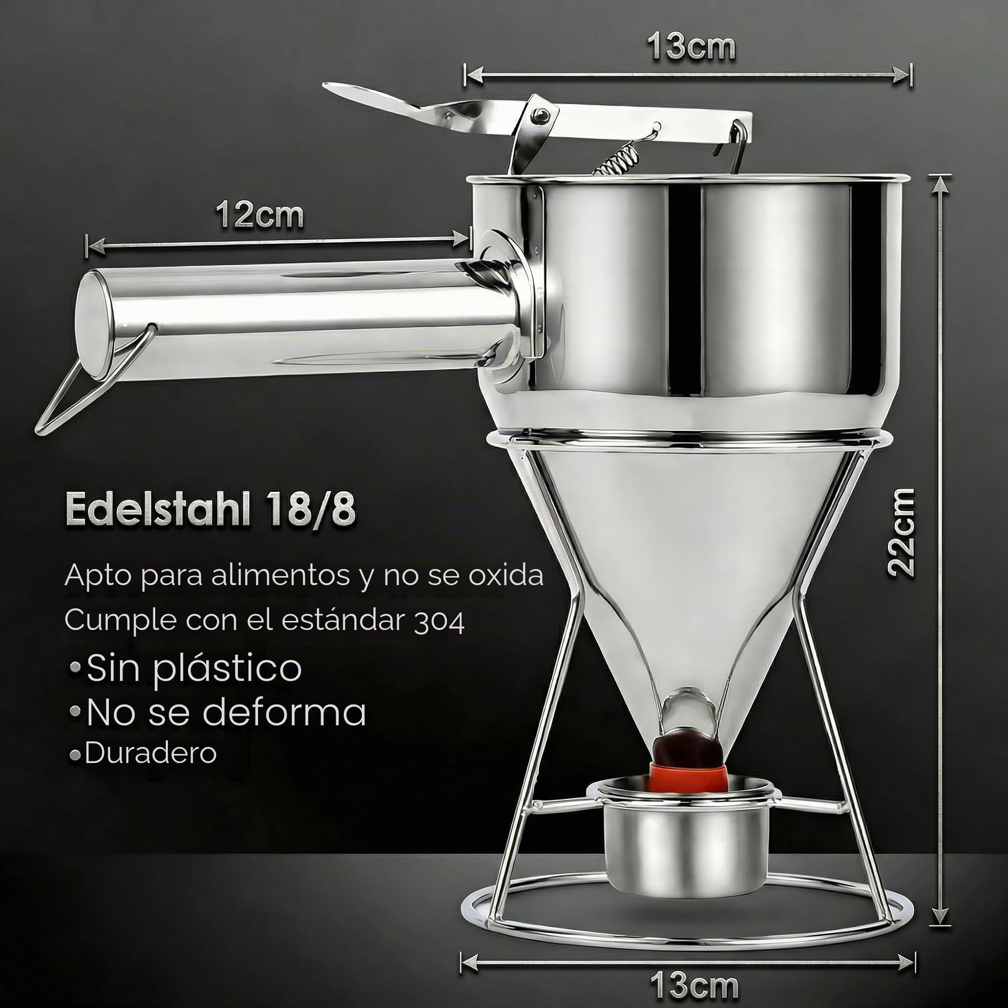 1 Embudo dosificador dispensador de masa dosificador en acero inoxidable 18/8 con medida graduada y asa + 7 boquillas de silicona + pedestal con colector de masa + bolsa | 1,2 L