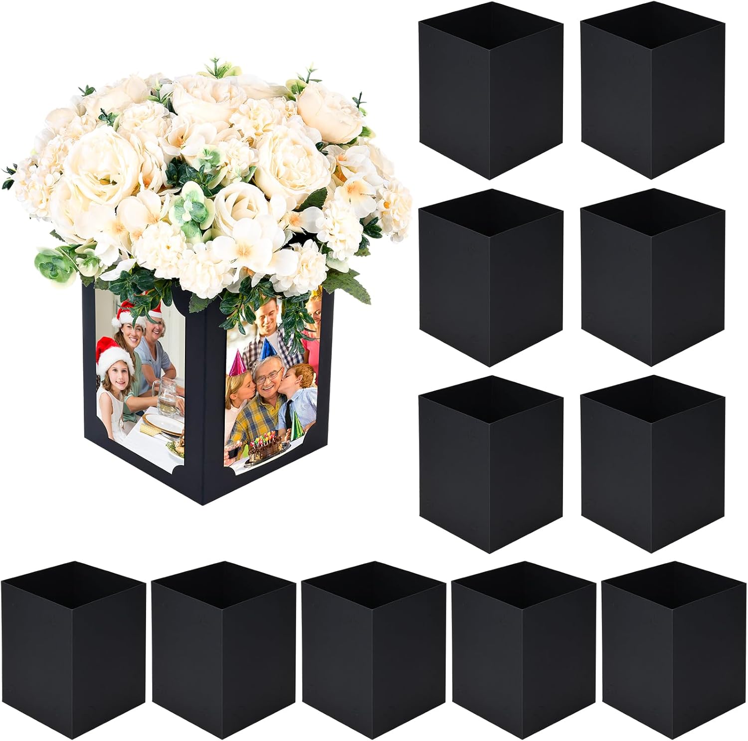12 Pcs Picture Centerpieces for Table - 6 Inch Photo Display Frame & Hollow Picture Props Box for Congrats Grad Decor, Wedding, Birthday Party Table Decoration (Black)