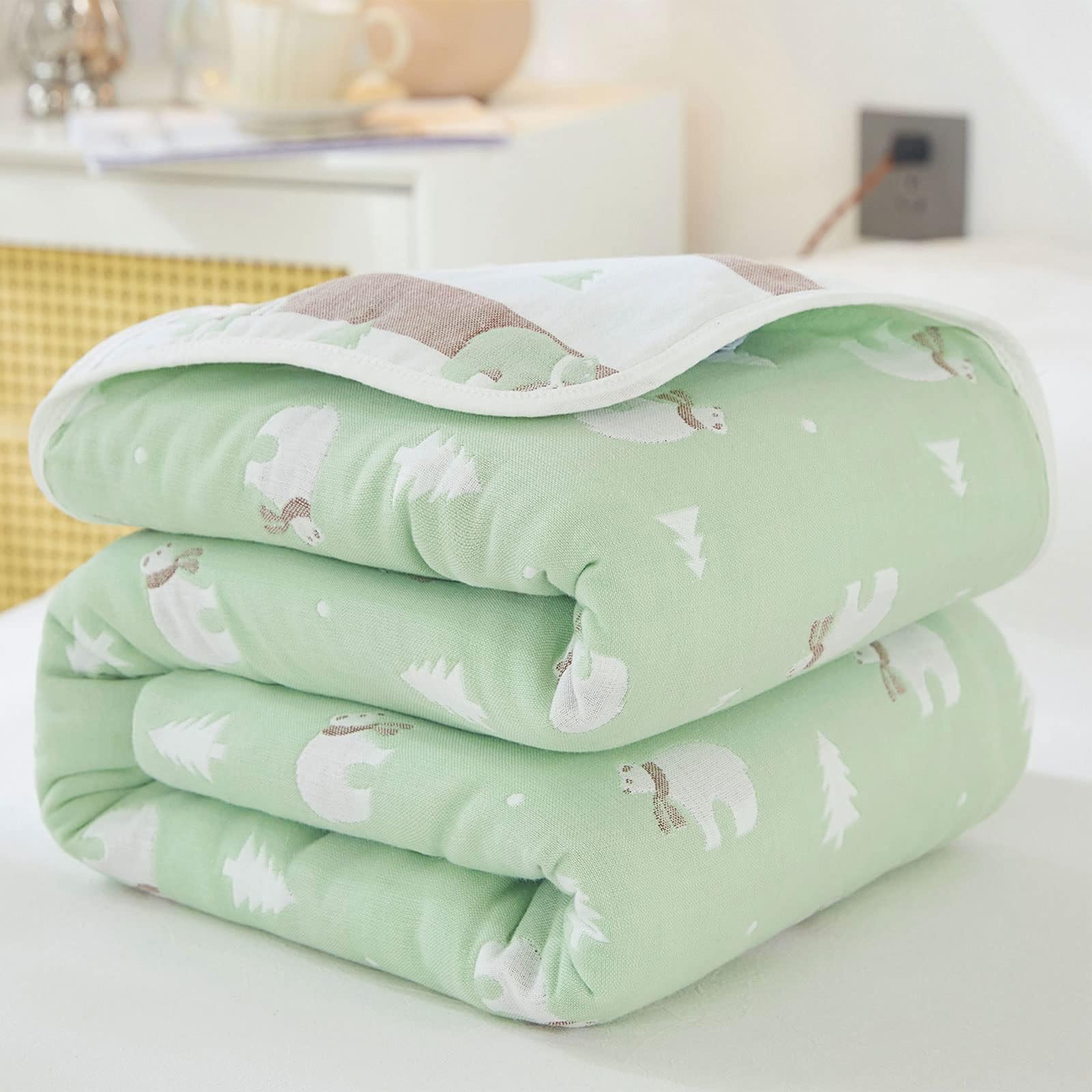 Cotton Throw Blanket, 6 Layer Soft Cotton Yarn, Thin Bed Blanket Single Size, For Kids Child Adults, Polar-Bear Green 90x100cm