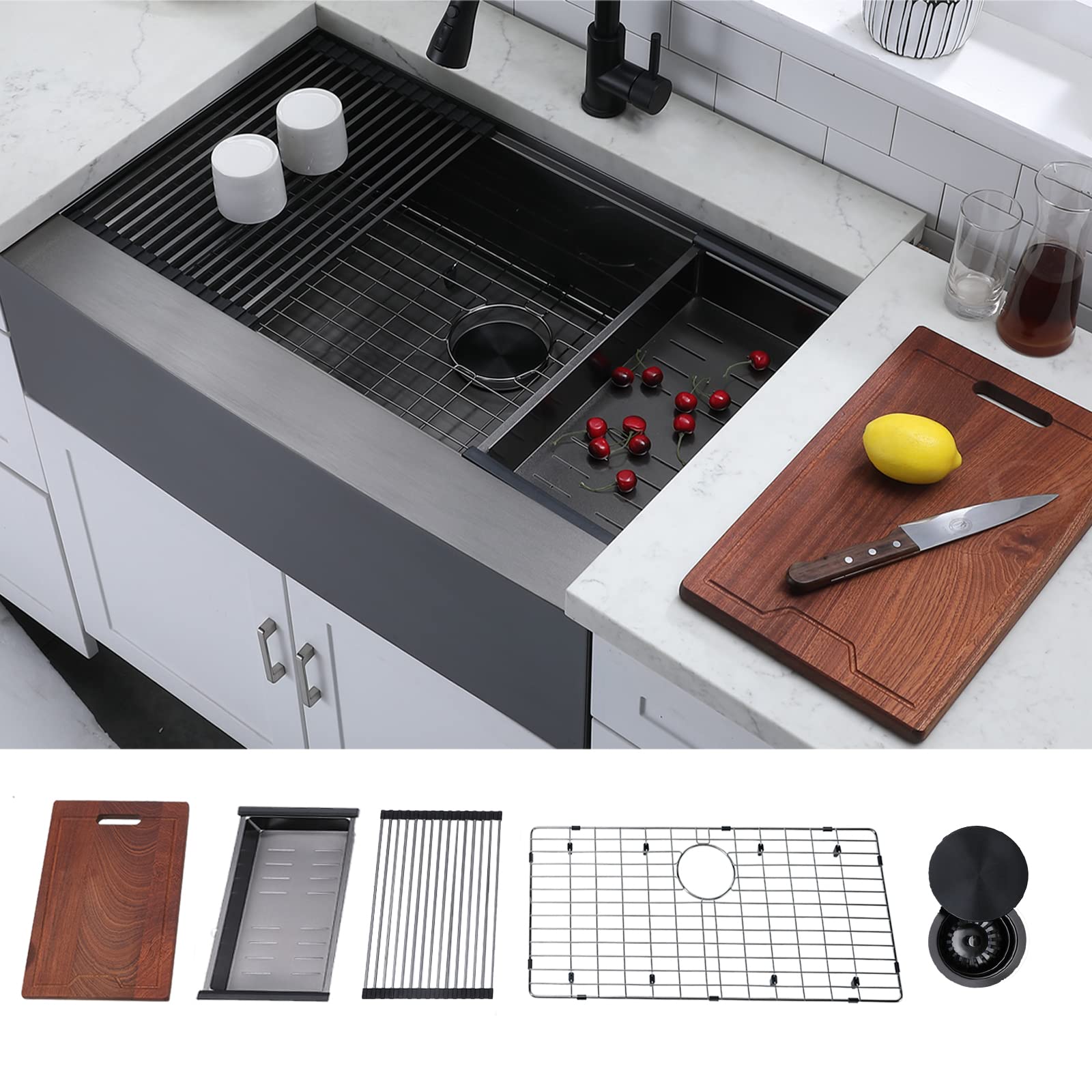 IKEBANA 33 Inch Black Farmhouse Sink,Stainless Steel Apron Front Farm