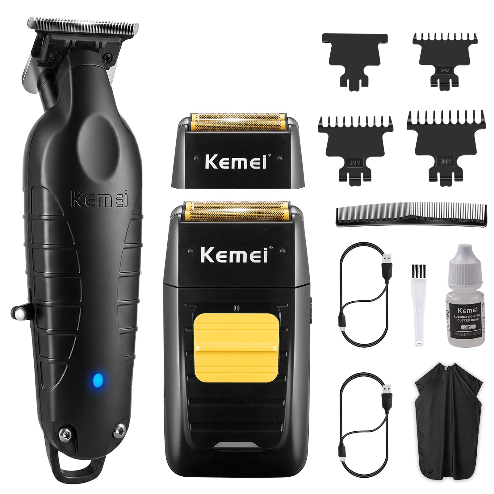 KEMEI Elektrische Haarschneidemaschine Herren, Kabelloser Folienrasierer | Ersatzscherköpfen, Wiederaufladbarers Haar und Bartschneider Set für Zuhause und Professionelle Friseure