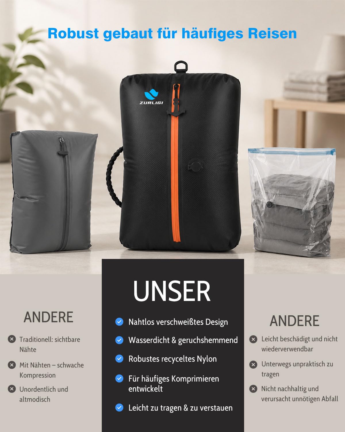 Zurligi 39L Vakuumbeutel-Reiseset mit Pumpe, Nylon, Griff, Schwarz, 3 Stück | Wiederverwendbare, wasserdichte Kompressionsbeutel aus reißfestem Nylon mit Griff für Kleidung, Handgepäck und Reisekoffer