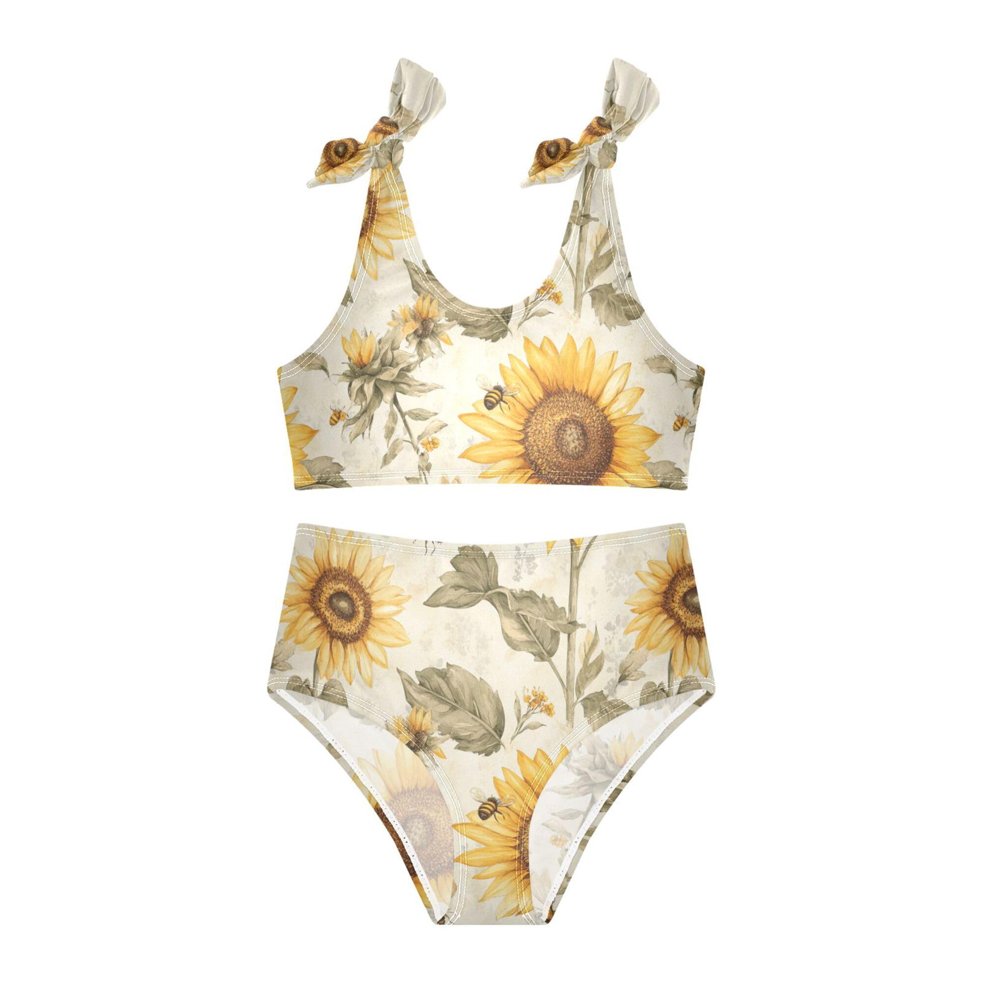 Aesthetic Sunflower Neutral Girls Swim Suit High Waisted 2 Piece Swimwear Little Girls Swimsuit Set 3T