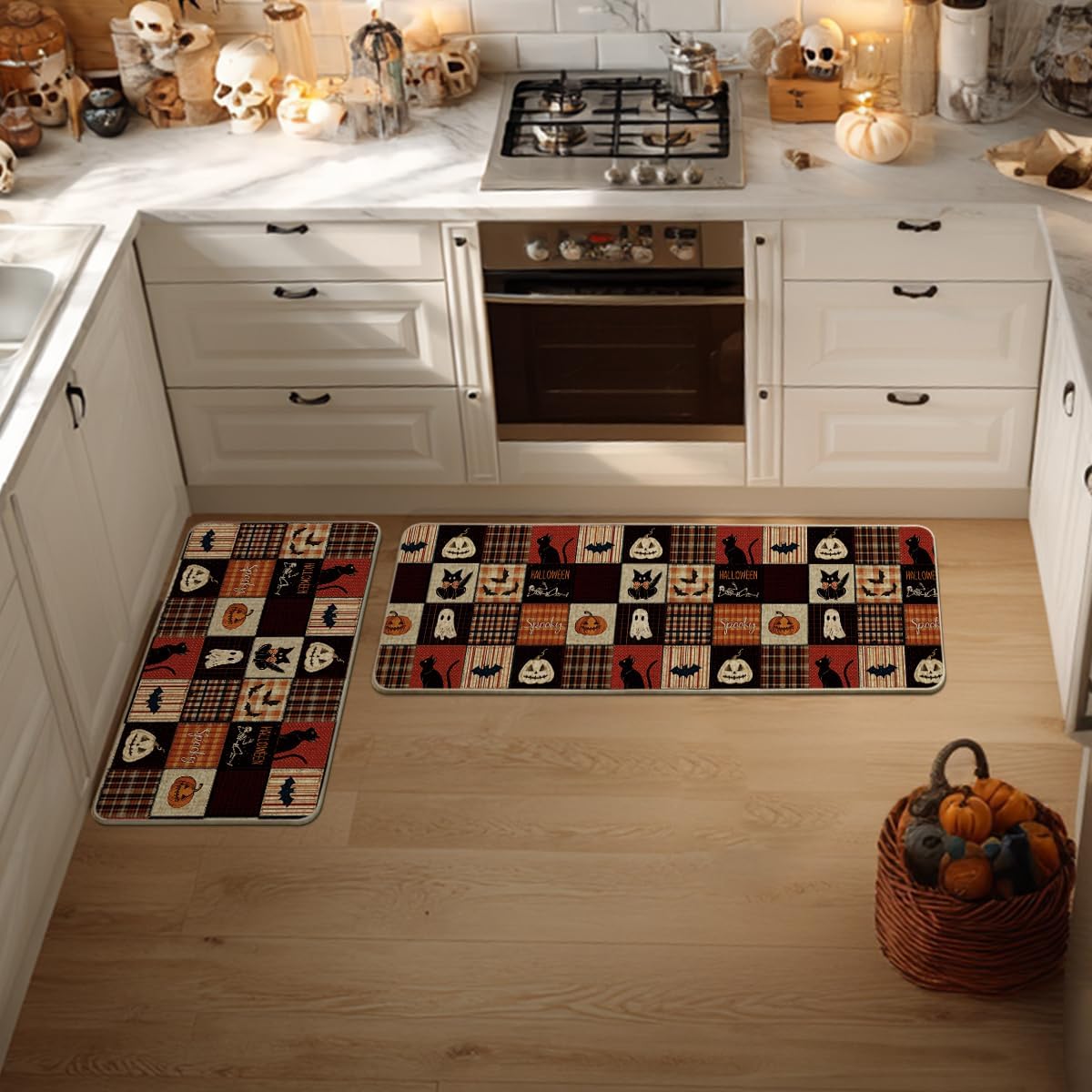 Artoid Mode Jack-O'-Lantern Cat Bat Ghost Plaid Halloween Kitchen Mats Set of 2, Home Decor Low-Profile Kitchen Rugs for Floor - 17x29 and 17x47 Inch