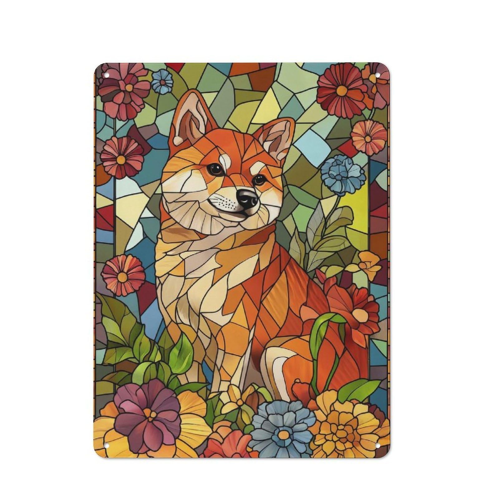 Junmoney Shiba Inu Stained Glass Vintage Tin Sign 40X30cm With For Kitchen Or Home Bar, For Retro Home Interiors, For Cafés, Pubs And Restaurants