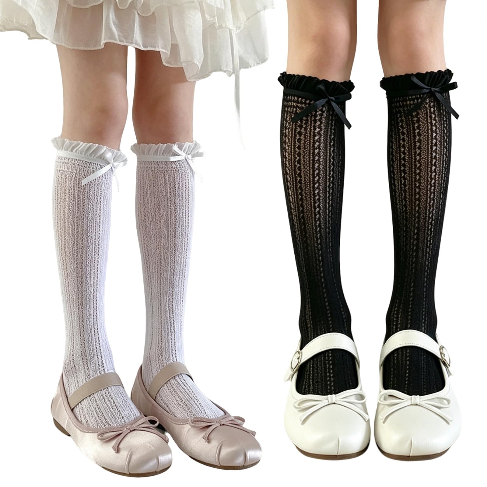 nvgod 2 Pairs Elegant Lace Socks, Stockings for Women Soft Comfortable Stretch Fit Lace Long Socks for Women, Breathable Knee Length Socks Suitable for Daily Outfit (White, Black)-picture-19