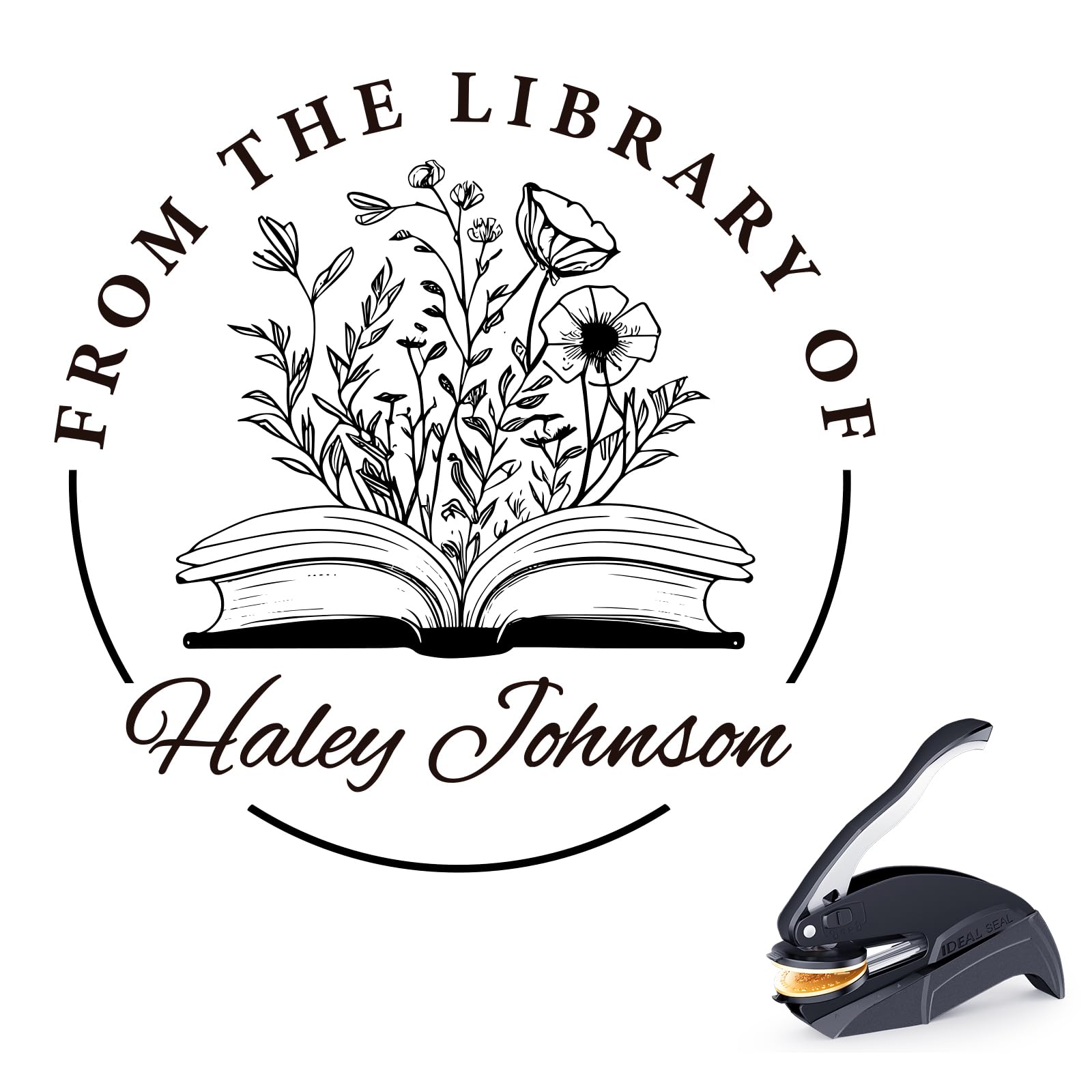 Personalized Book Embosser - Custom Name & Text Stamp, Reusable Embossing Tool for Book Lovers, Readers, Home & Library Collections (Floral-02) — image 1