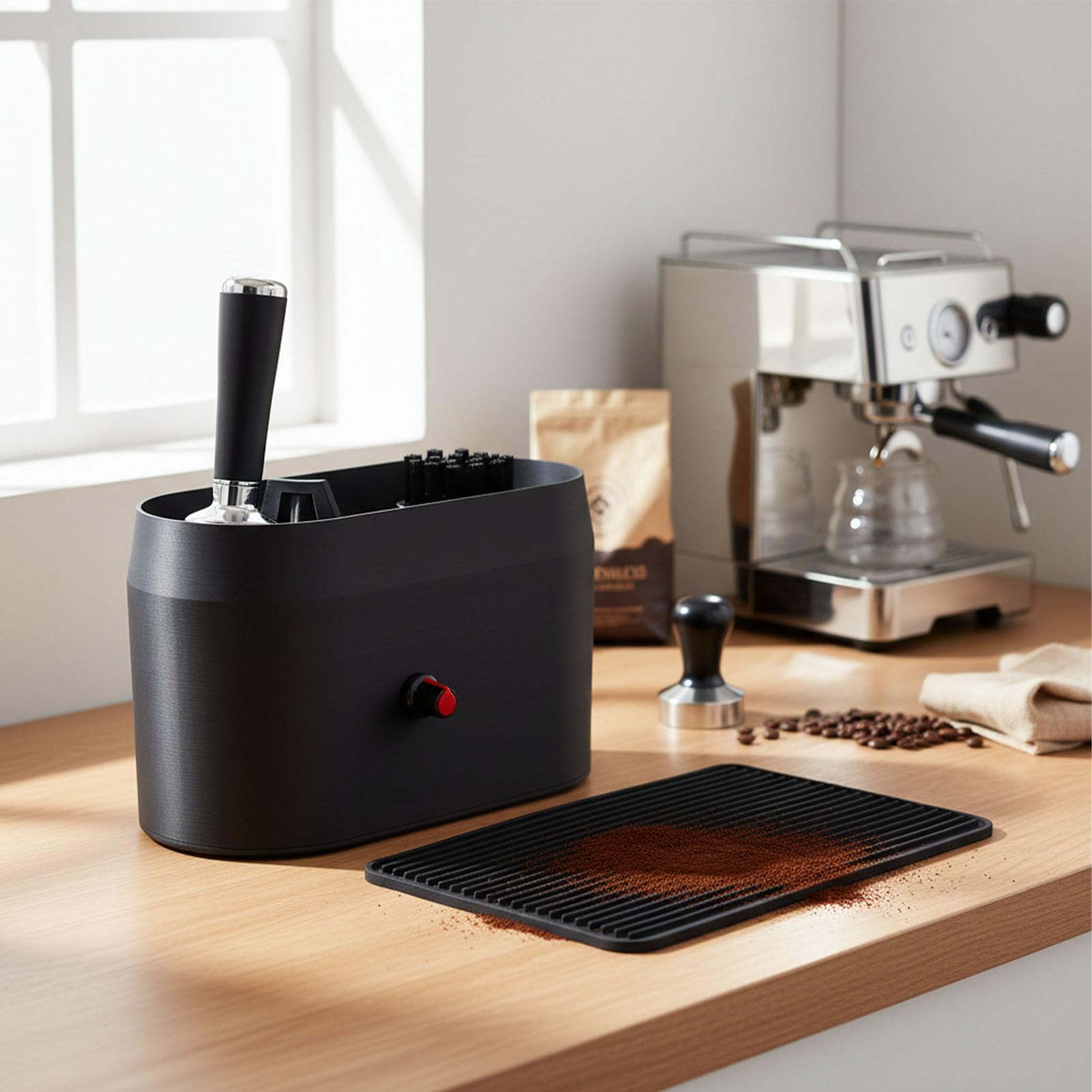 ZJchao Elektrischer Automatischer Abschlagbehälterreiniger für Kaffeemaschinen, Siebträgerreinigungsgerät mit Integrierter Bürste und Schaber für Espressomaschinen-Siebträgerkorb