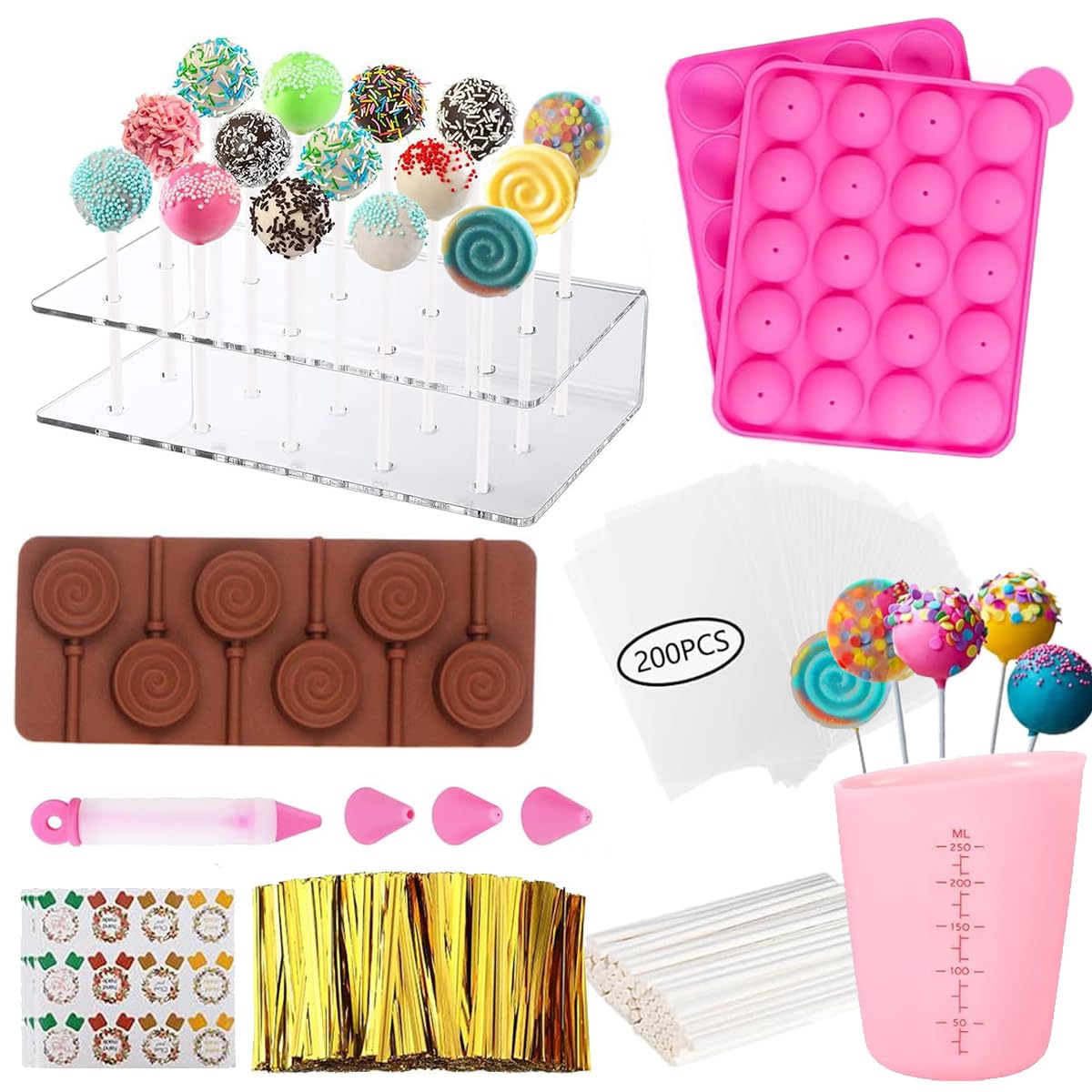 YIN AISIKE Cake Pop Molds Kit 717PCS Lollipop Cake Pop Maker Set with Cake Pop Stand, Cake Pop Sticks and Wrappers, Decorating Pen, 4 Piping Tips, Measuring Cup