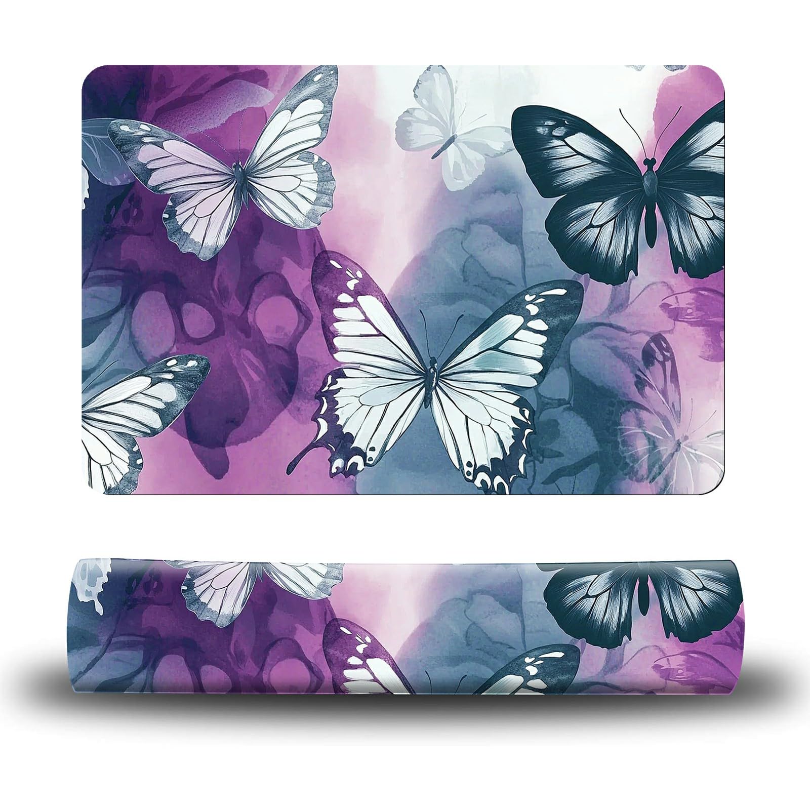 Dikoer Dog Food Mat, 15.7" x 23.6" Absorbent Pet Feeding Mat for Food and Water, Waterproof Diatom Mud Pet Placemat with Non-Slip Rubber Backing, Cat Bowl Mat for Floors - Purple White Butterfly