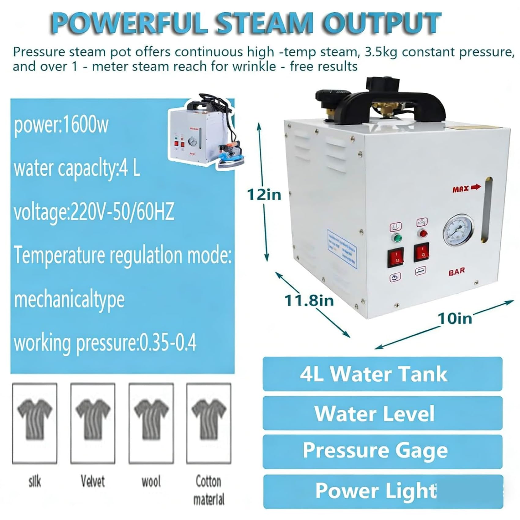 Stacja do prasowania parowego 1600 W z kotłem 900 W, zbiornik na wodę 4 l, manometr i alarm do użytku komercyjnego, wydajne i niezawodne rozwiązanie do prasowania