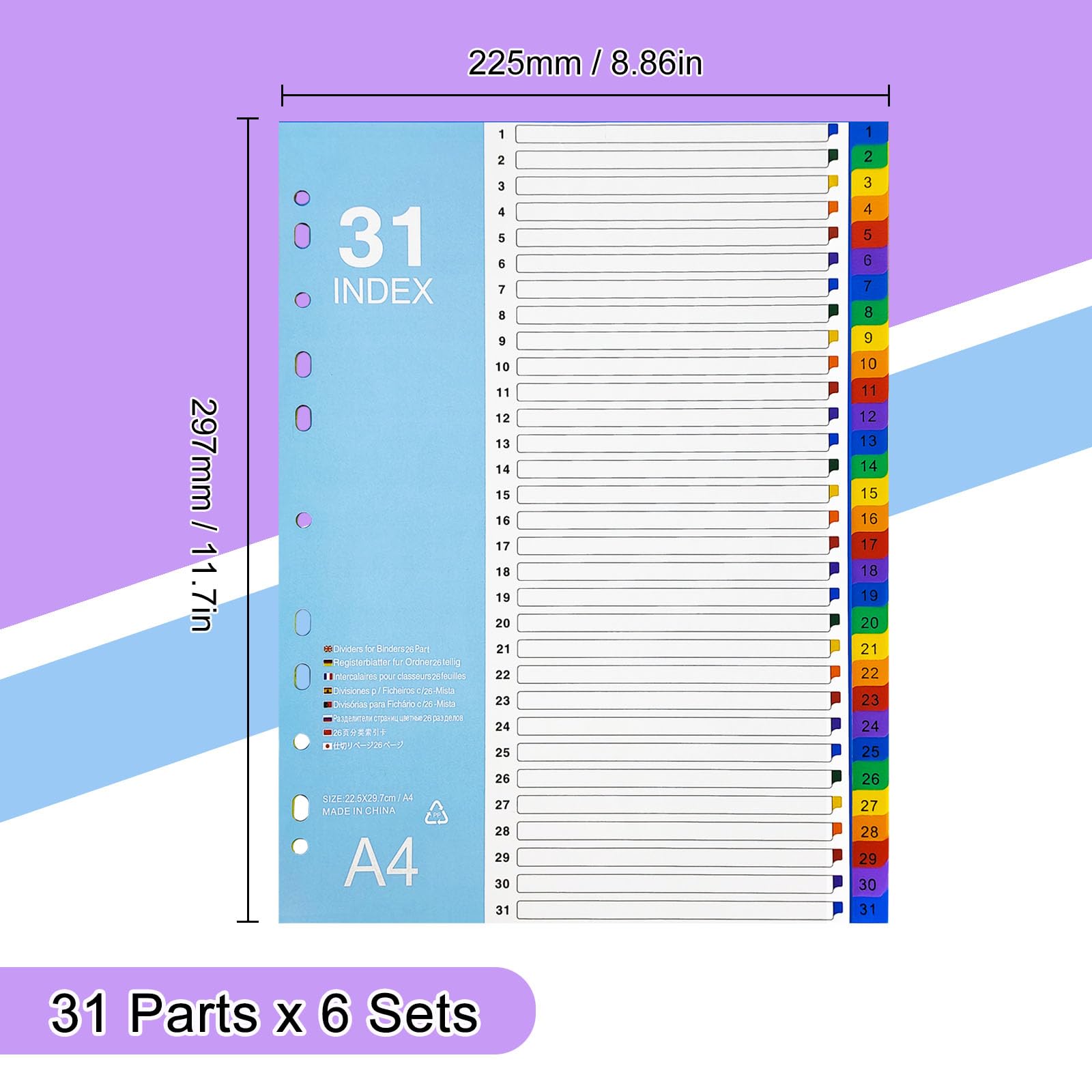 LELADY Divisores de Archivos A4, (6 Unidade) Separadores de Archivos, Separadores de 31 Partes, Número 1-31, Divisores con 11 Agujeros, Divisores de Sujeto A4, File Dividers