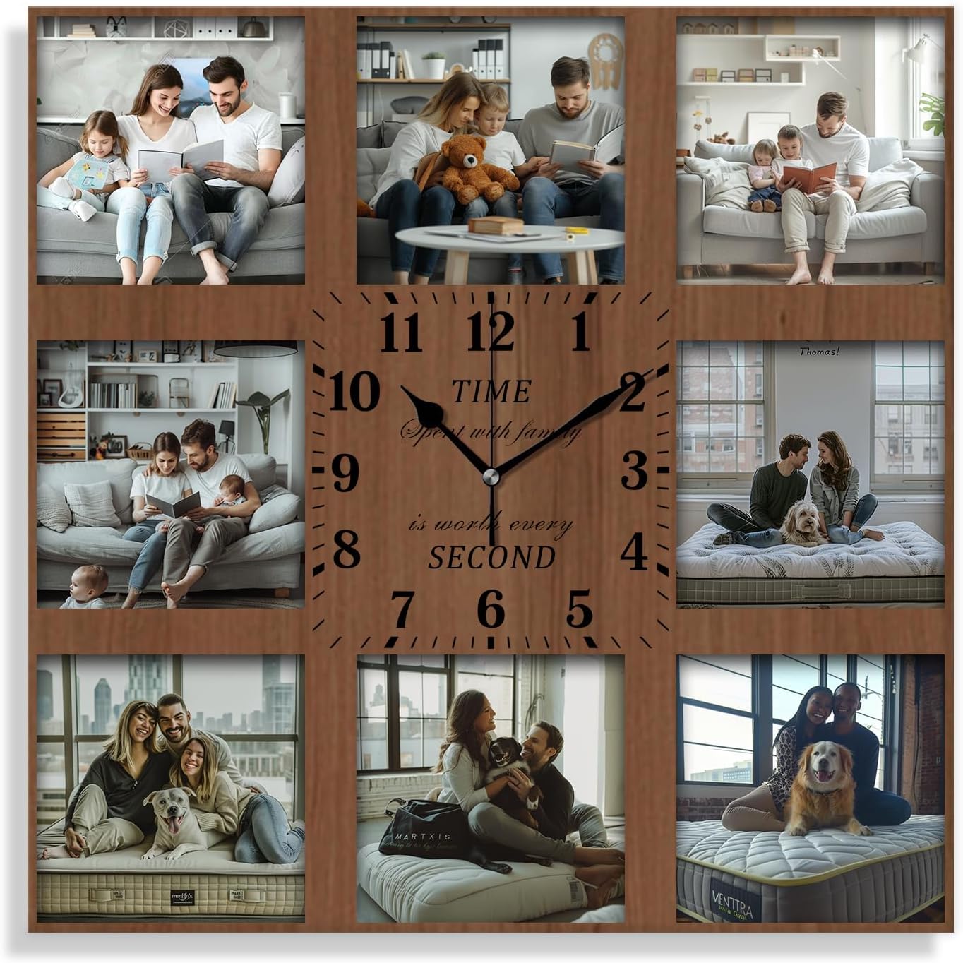 Custom Wall Clock, 8 Pictures Personalized Picture Clock for Creative, Battery Operated Square Clock Silent Non-Ticking for Home Decoration