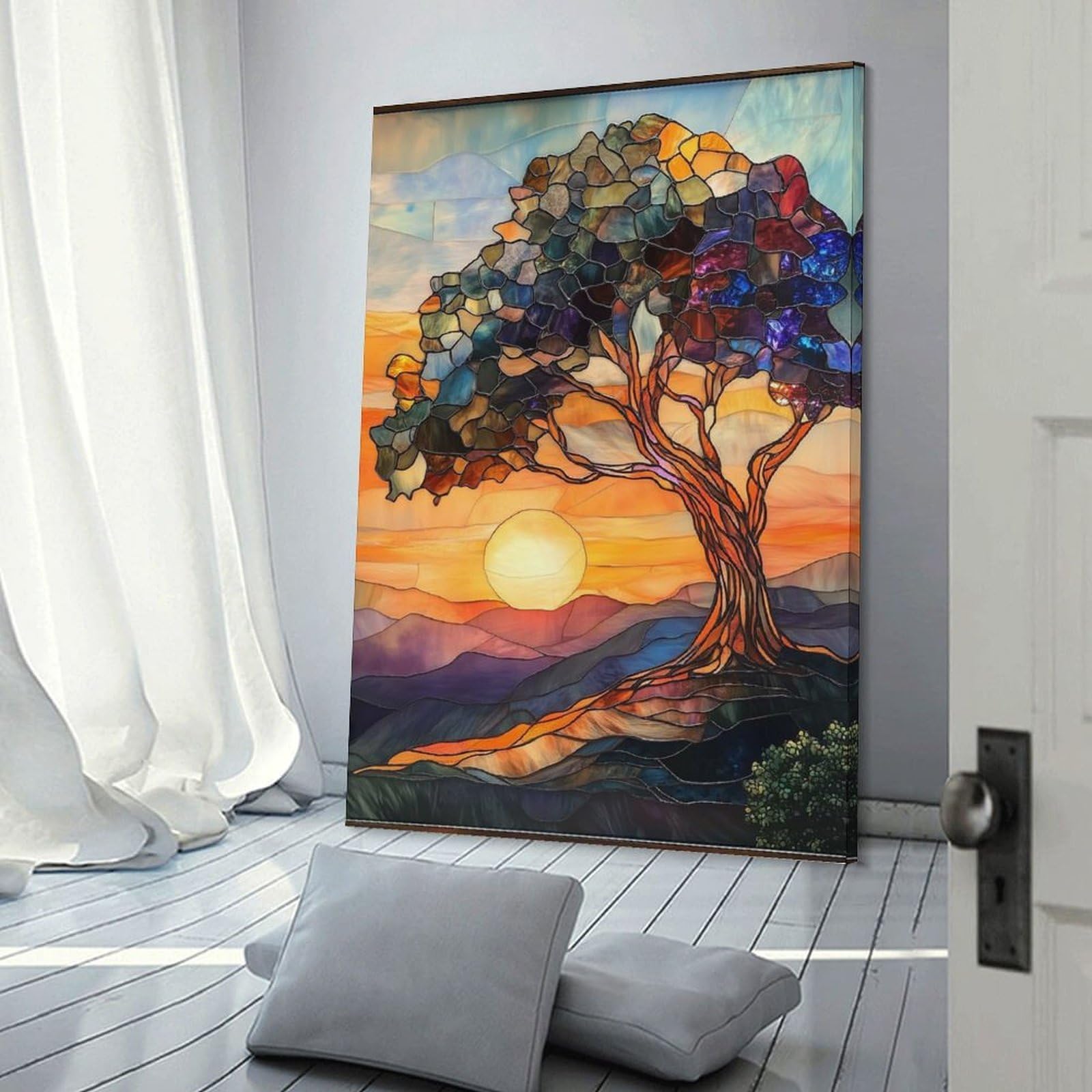Junmoney Frame-Style-24-1 Hanging Wall Art Stained Glass Sunset Tree, 20X30inch(50X75cm), For Gallery Wall Layouts In Home Or Office, An Easy Match For Collected Prints
