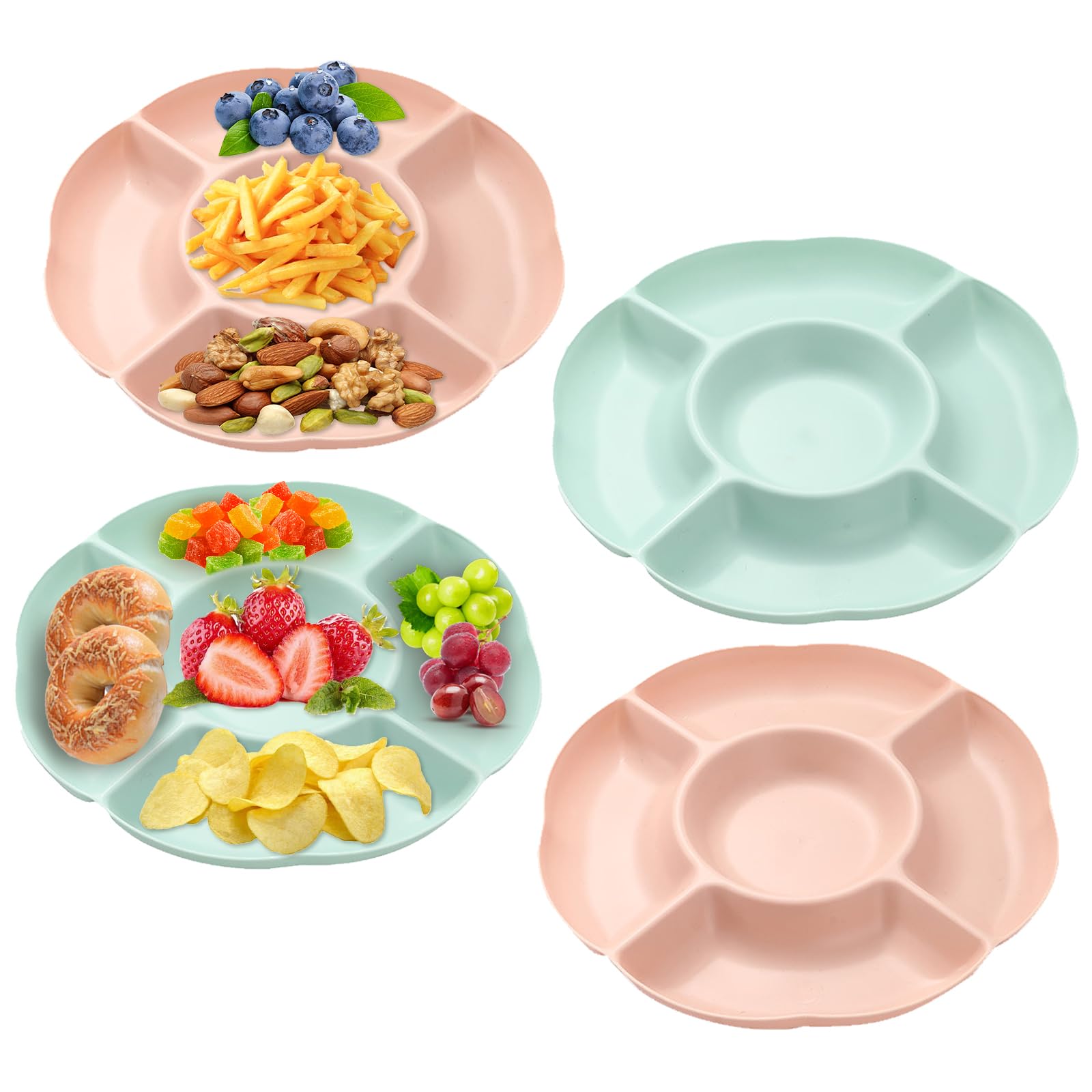 Serving Dishes & Platters Compartment Trays with 5 Sections, 4 Pack Serving Platters for Parties, Reusable Plastic Snack Tray Serving Trays for Snacks Fruit Candies Dessert Nibbles Nuts
