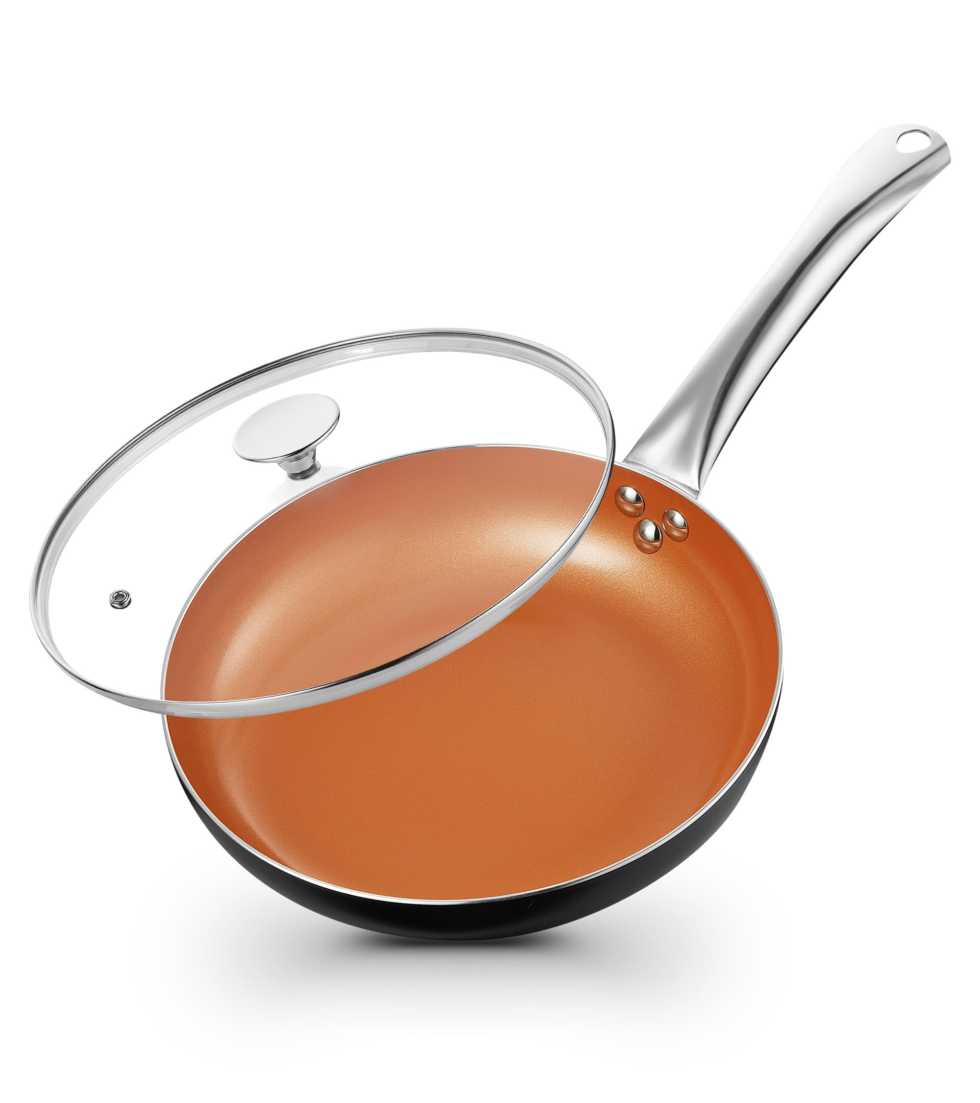 KOCH SYSTEME CS12" Copper Skillet Nonstick with Lid - PFOA Free Ceramic Coating Frying Pan, Saute Pan 12 Inch with Stainless Steel Handle, Oven Safe, Suitable for All Kitchen Cooktops