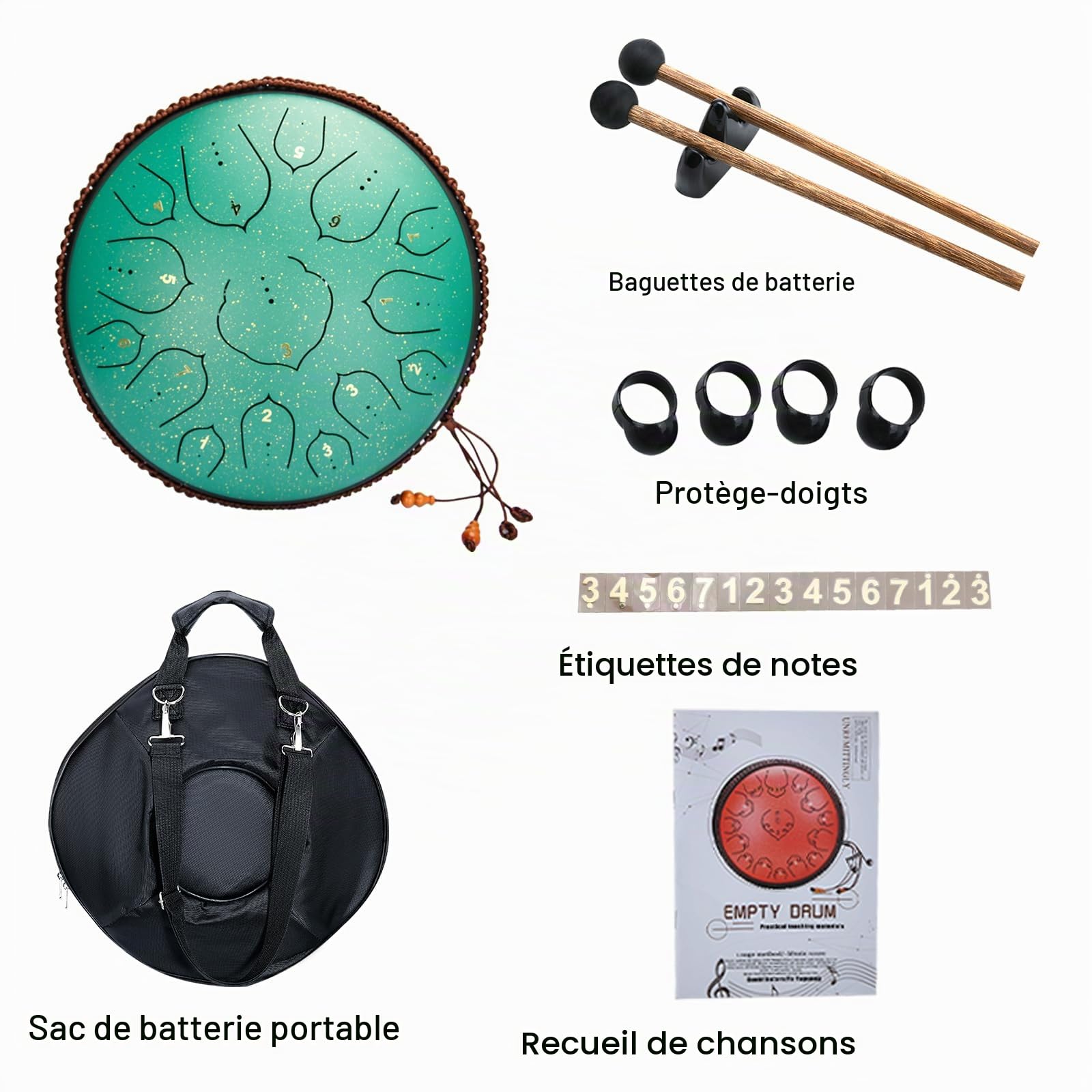Steel Tongue Drum 15 Tons 14 Pouces Tambour à Langue en Acier Kit Handpan Percussion Instrument Tambour à Main Enfant et Adulte avec Maillets e Sacs portables Pour Yoga, zen, Méditation