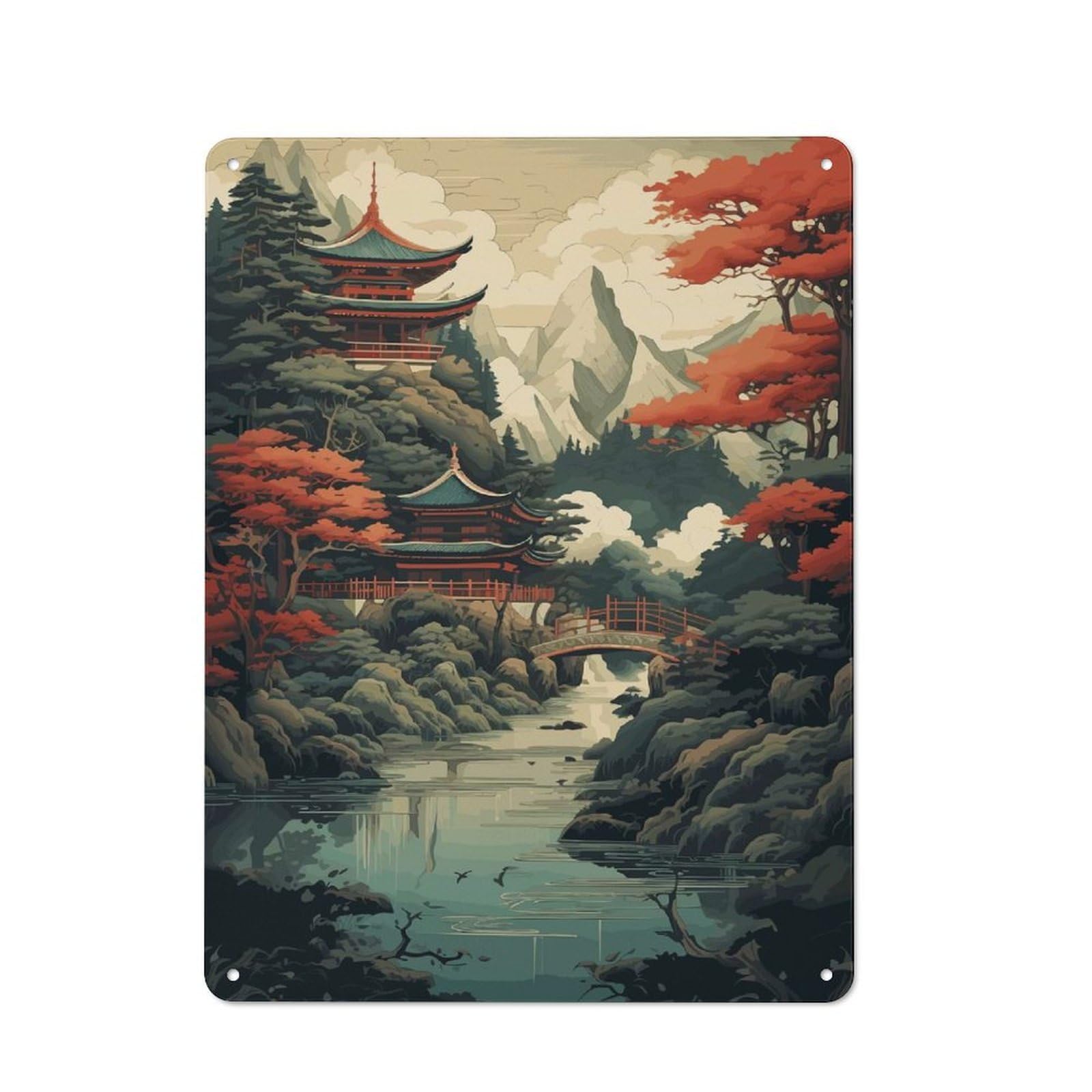 Junmoney Style-16 Industrial Metal Sign With Japanese Landscape Design 40X30cm, Modern Retro Loft Wall Plaque For Workspace, Cafe, Hallway Or Garage