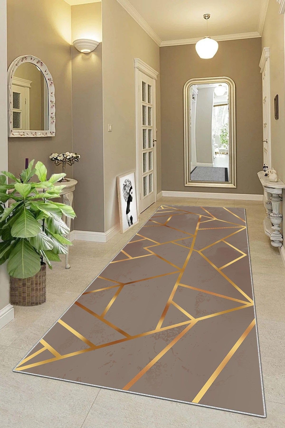 Pelangi Gold Çizgili Geometrik Desenli Dijital Baskı Yıkanabilir Modern Salon Halı ve Yolluk (Vizon), Gold-Siyah 100 x 350, 955412311003507