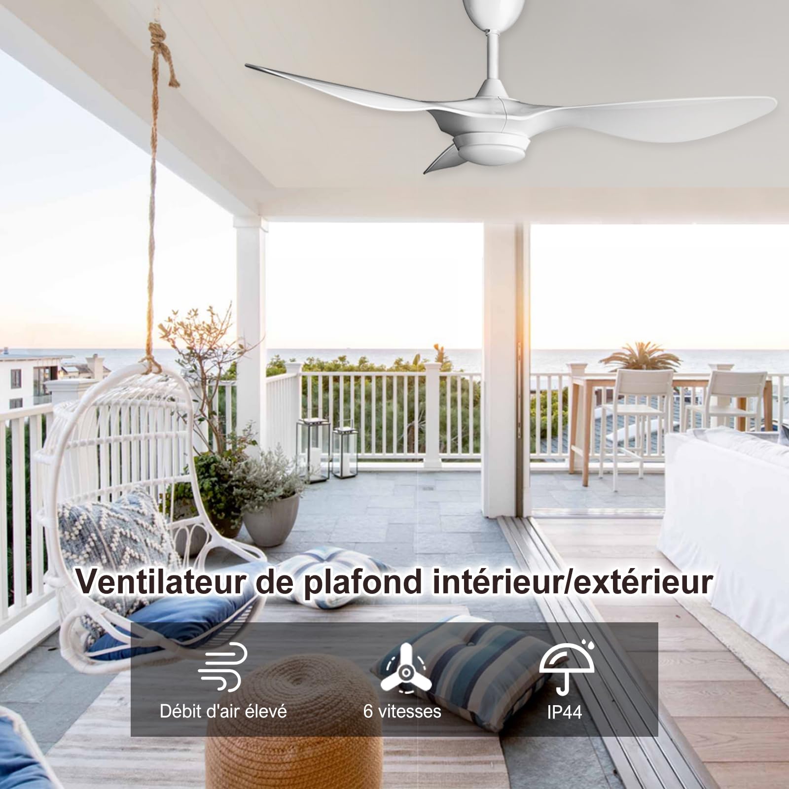 reiga Ventilateur de plafond 132 cm blanc brillant, moteur DC silencieux | 6 vitesses réversibles, lumière LED dimmable, Contrôle par télécommande et app mobile, pour chambre/salon