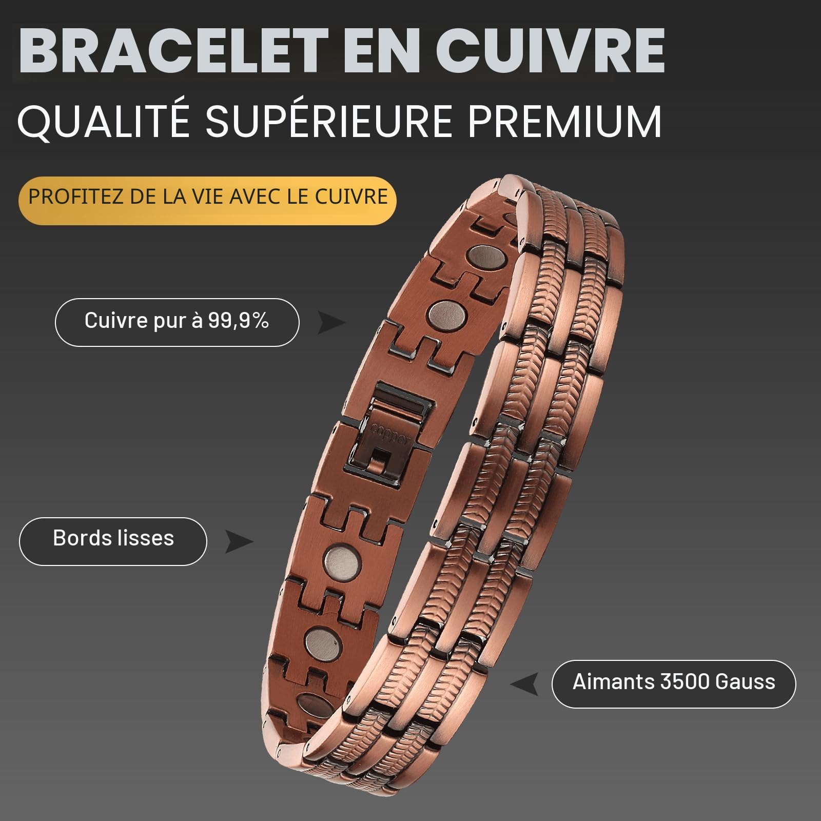 BioMag Bracelet magnétique en cuivre pour homme, 21,8 cm réglable