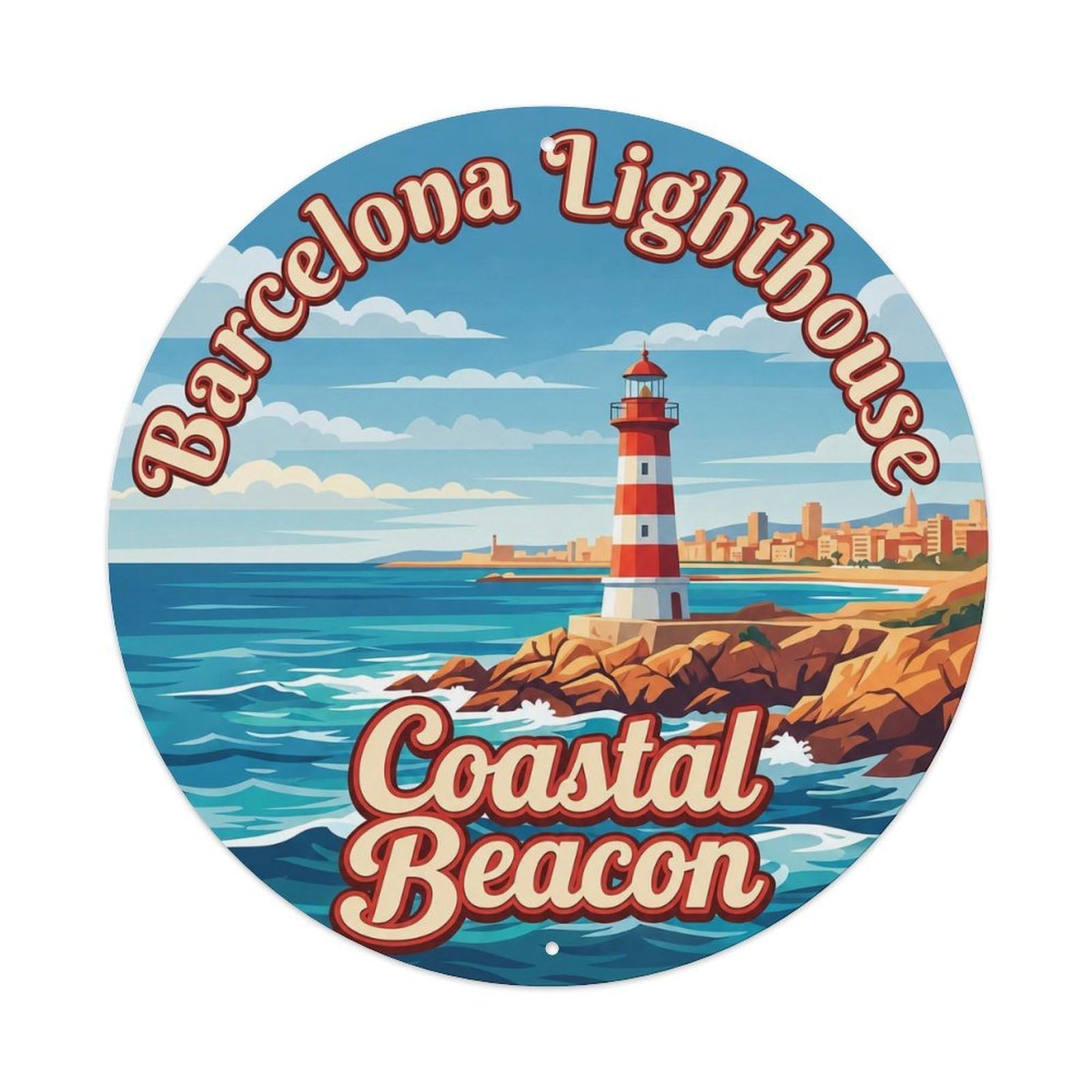Classic Barcelona Mediterranean City Coast Lighthouse Metal Tin Sign Plaque Wall Decor for Cafe, Man Cave, Club Bar, Office, Home Garden Round Metal Poster 8x8Inch