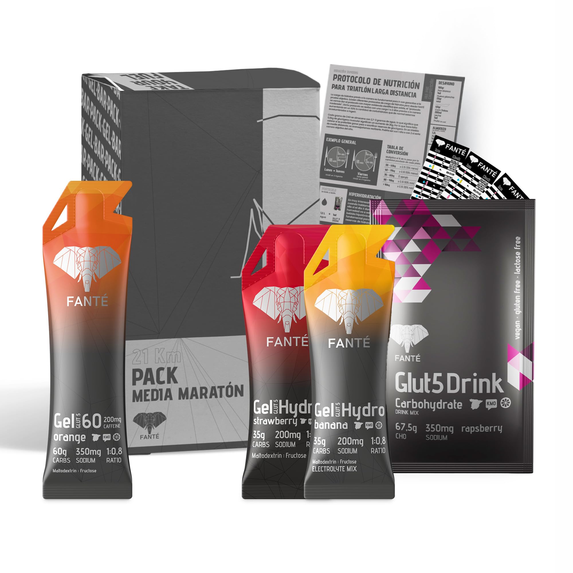 Fanté Medio Maratón Pack | Nutrición para Media Maratón con Estrategia Según Nivel para Running y Resistencia | 1 monodosis y 3 geles energéticos | Con Fruta Ecológica y 350mg de Sodio