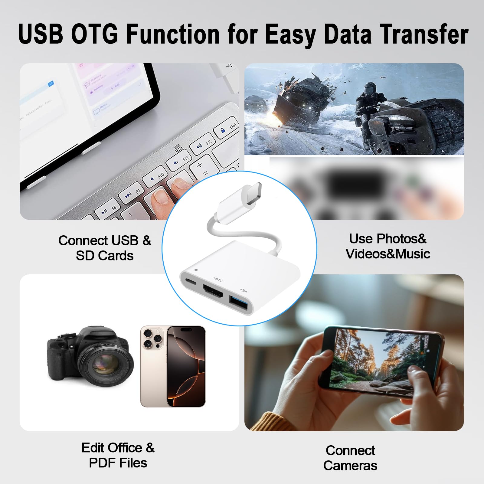 [Certifié Apple MFi ] Hub Adaptateur AV numérique Light-ning pour iPhone iPad, hub d'éclairage 3 en 1 avec Sortie HDMI, Port USB OTG et Port de Charge, Prend en Charge la vidéo, Les Applications, Les