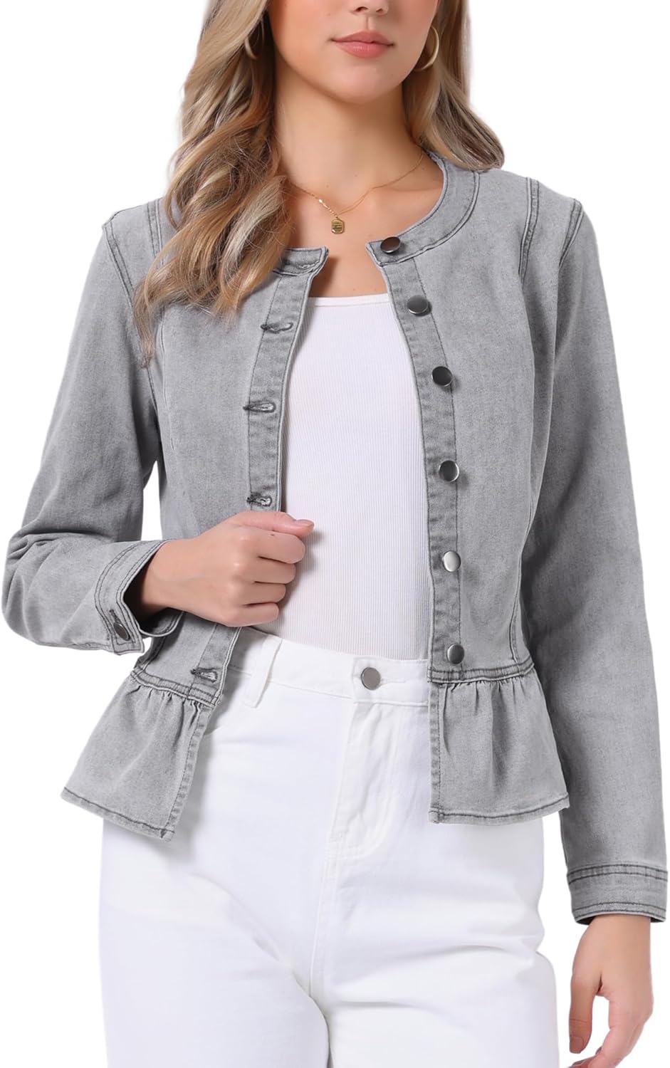 Allegra K Women's Peplum Denim Jackets Collarless Round Neck Button Down Cropped Ruffle Hem Jacket