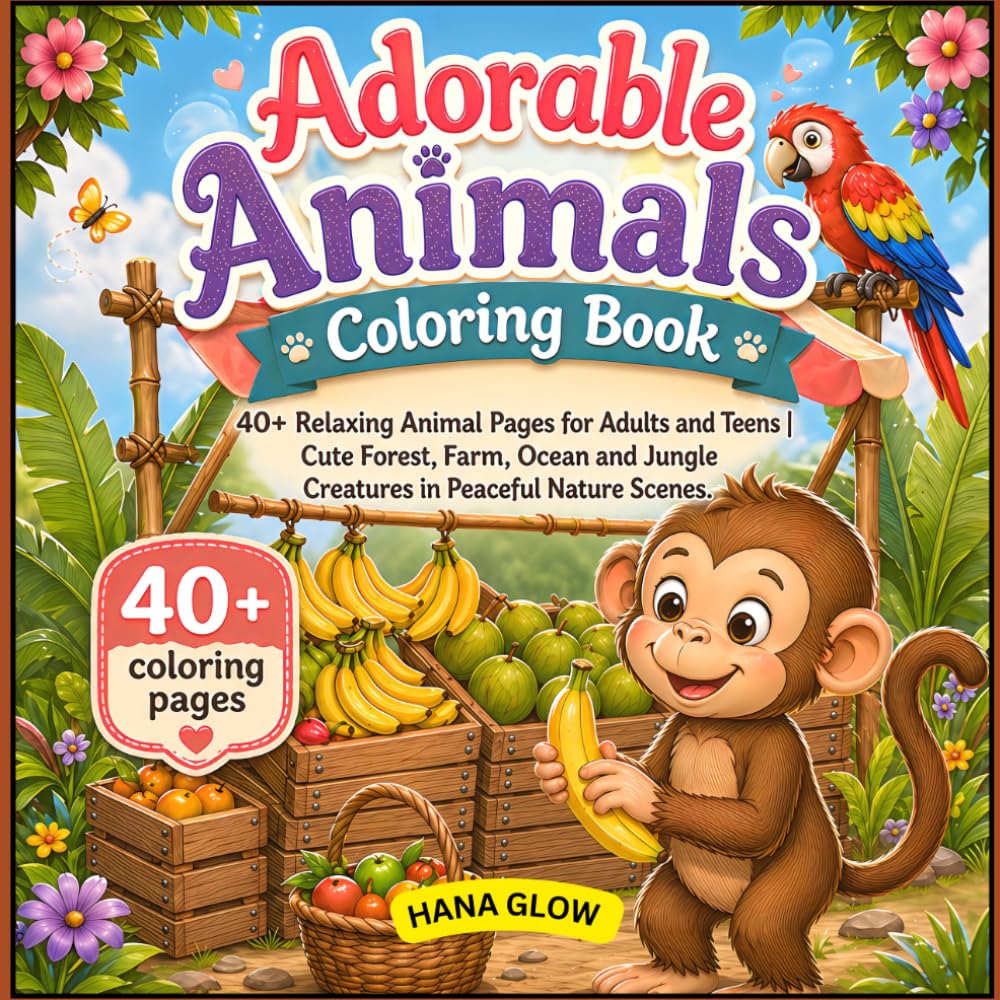 Adorable Animals Coloring Book: 40+ Relaxing Animal Pages for Adults and Teens | Cute Forest, Farm, Ocean and Jungle Creatures in Peaceful Nature Scenes.