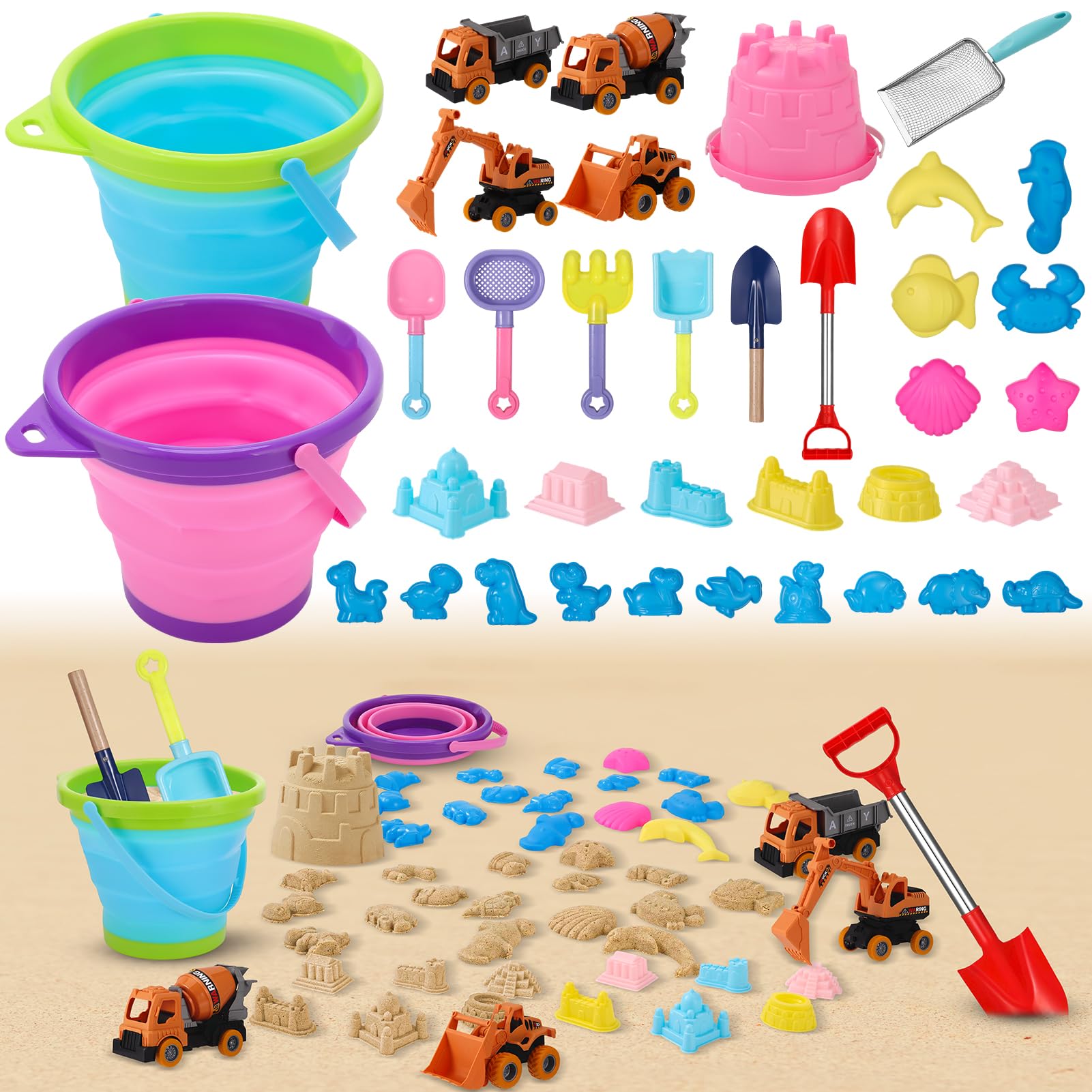 Beach Toys Sandspielzeug, 36 Teile mit 4 Baufahrzeugen, faltbarer Strandeimer, 2 Schlosswürfel, 1 Stück, Sandburg, Schaufelset