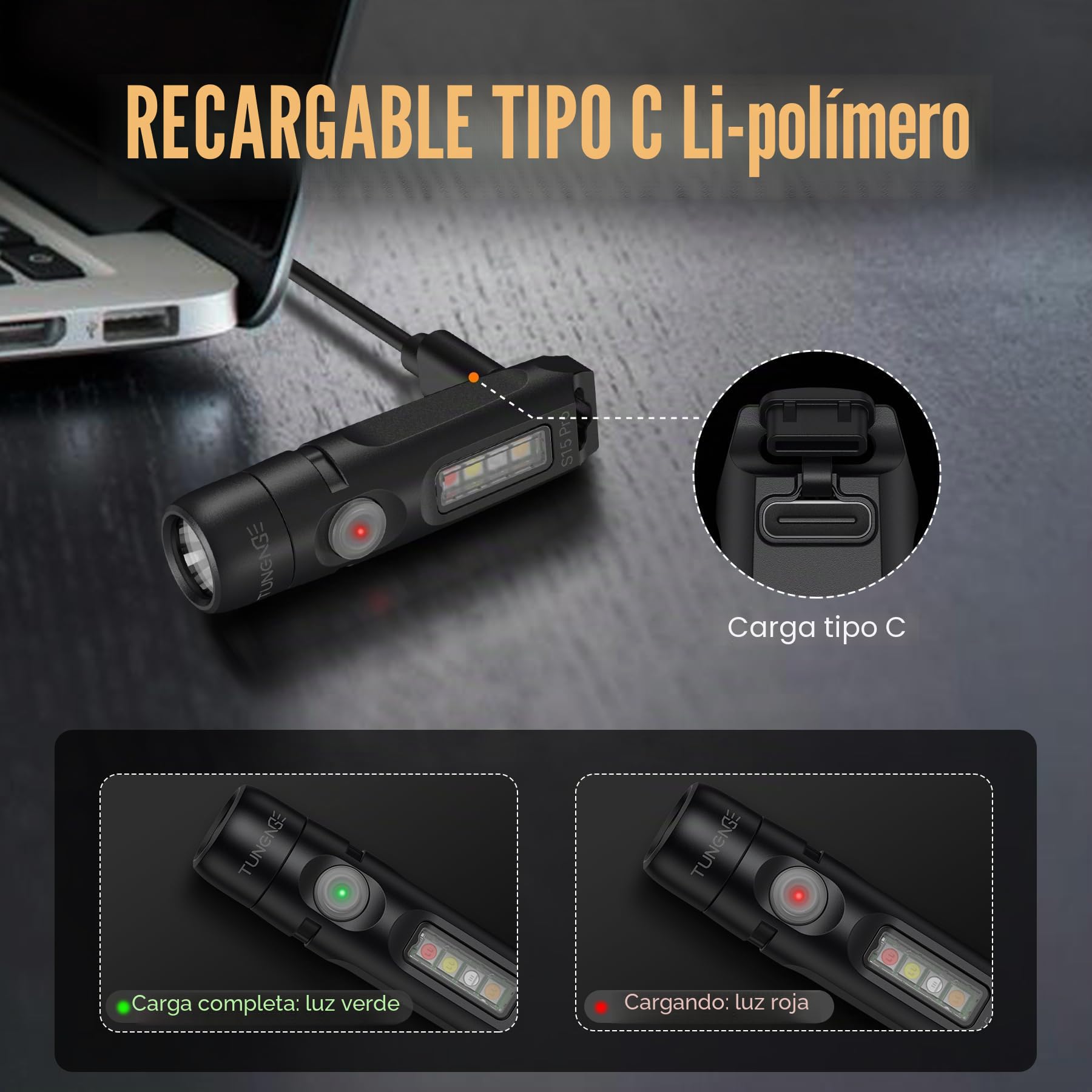 Linterna S15Pro con llavero, linterna de bolsillo EDC de 750 lúmenes altos con clip, mini linterna recargable USB C con imán, adecuada para senderismo, camping, reparación (negro)