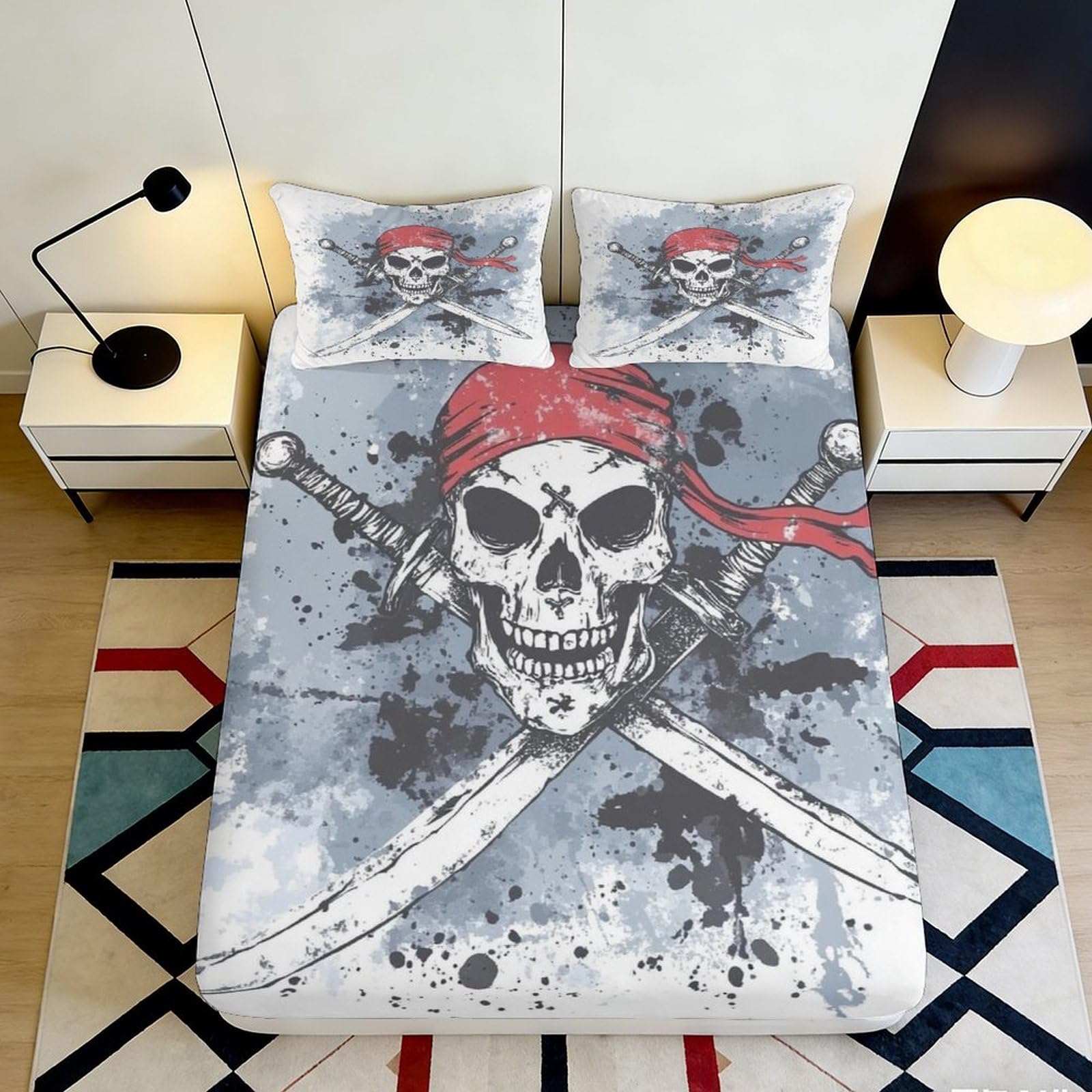3D Printed Pirate Skull Fitted Sheet Microfiber Breathable Crossed Swords Mattress Cover for Bedroom Guest Room Decor 90x200x25cm