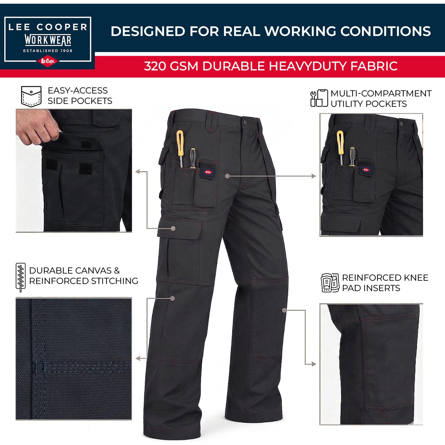 Lee Cooper LCPNT206 Męskie spodnie robocze cargo z wieloma kieszeniami spodnie ochronne z kieszeniami na nakolanniki wzmocnione