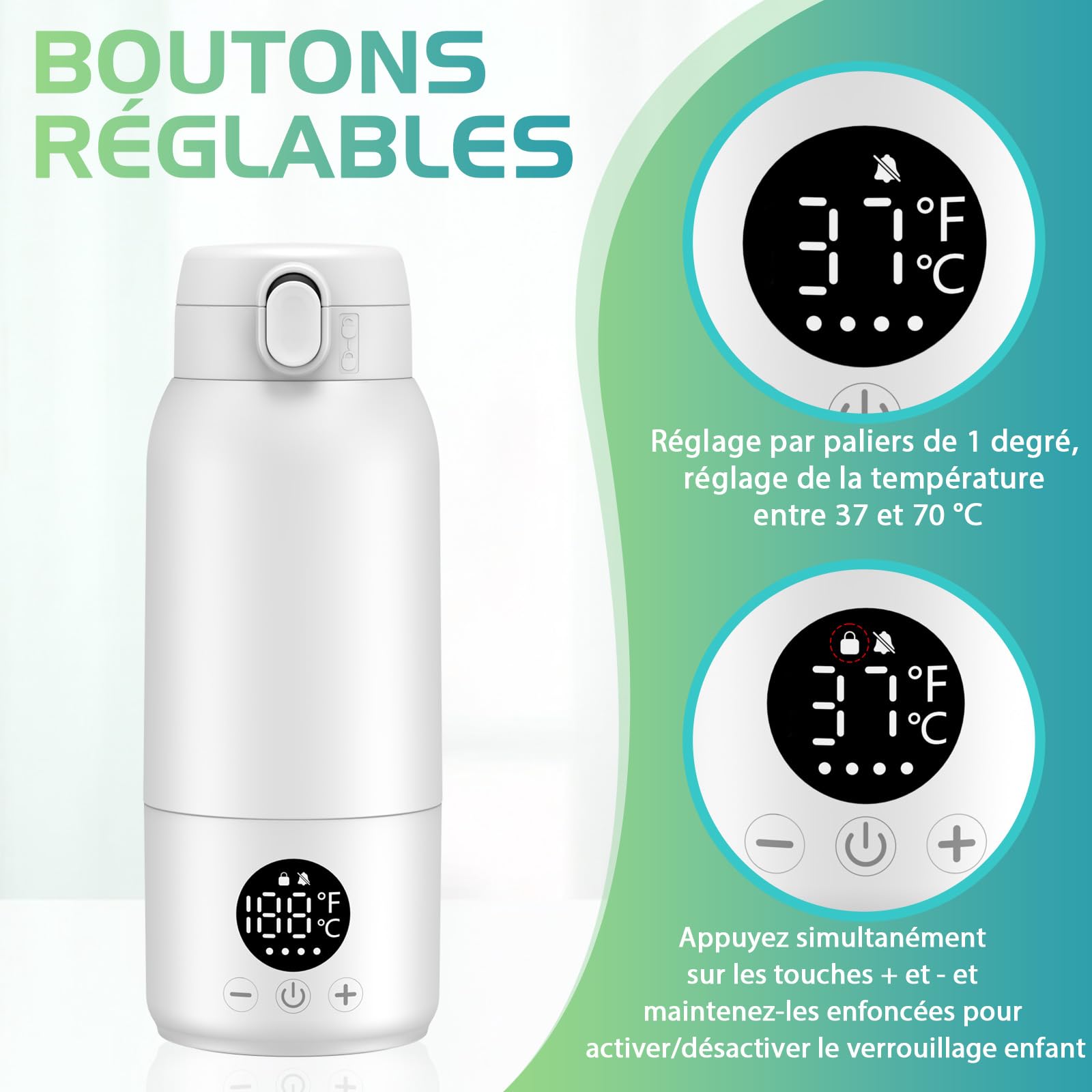 Chauffe Biberon Portable, 500ml Baby Chauffe Biberon Nomade Portable avec Chauffage Rapide et Contrôle Précis de la Température, pour Lait Maternel et Eau