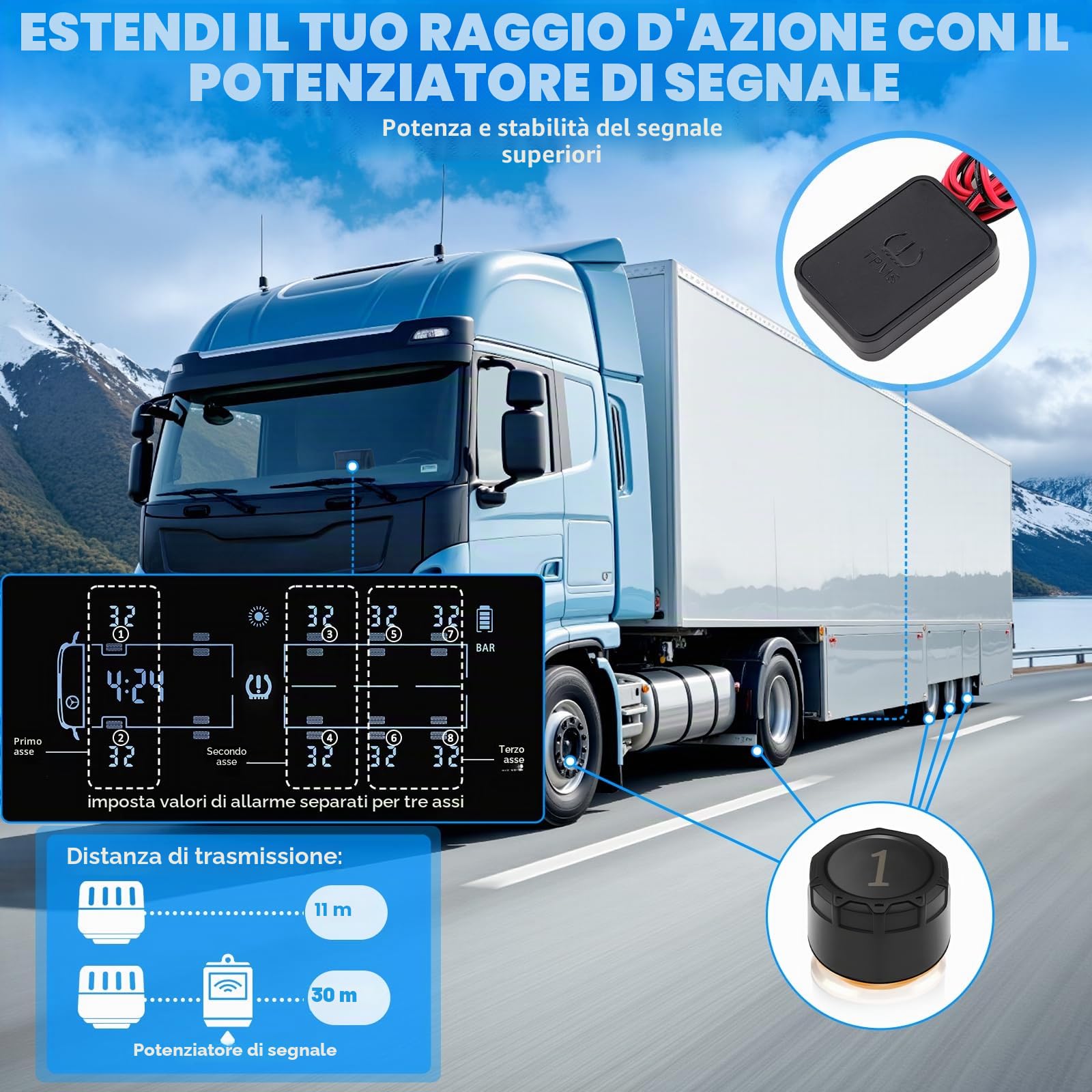 TPMS Sistema Monitoraggio Rilevatore di Controllo per 6/8 Ruote Van/Lkw/Truck Solare Della Pressione Degli Pneumatici con 8 Sensori,Ripetitore,13Bar/188Psi, 6 Tipi di Allarmi