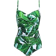 Ekouaer One Piece Swimsuits Women's Tummy Control Swimwear Bathing Suit (White Leaves,Medium), Opens in a new tab