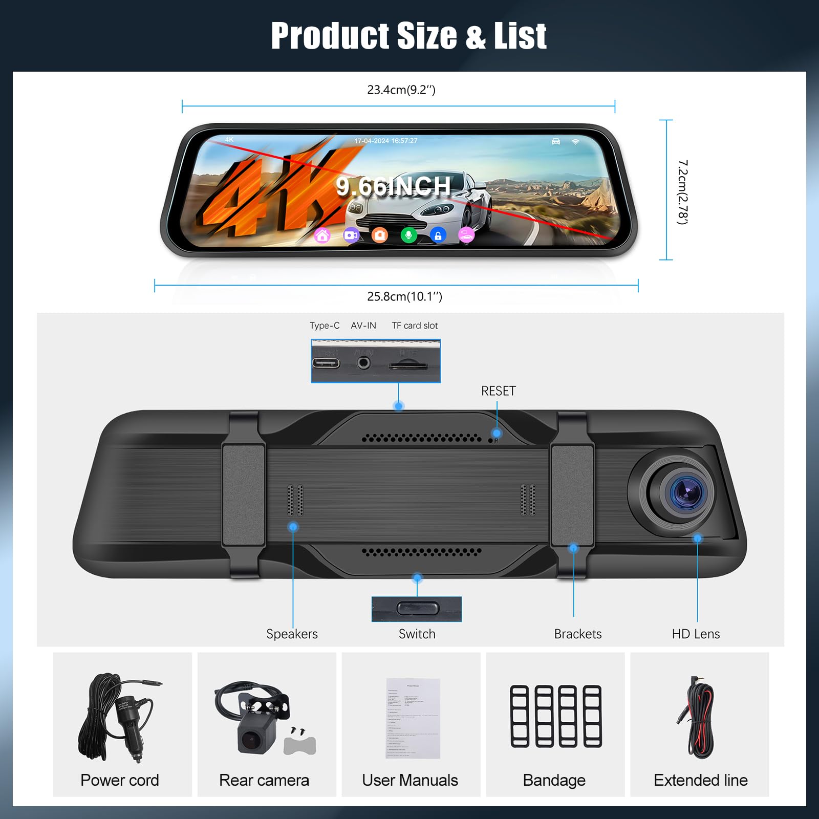 OiLiehu 9,66 Pollici Touchscreen 4K HD Mirror Dashcam con Telecamera Posteriore WiFi Dash Cam per Auto con G-Sensor/WDR/LCA/BSD/Monitor Parcheggio/Registrazione in Loop/Grandangolo 150°/Visione Nott