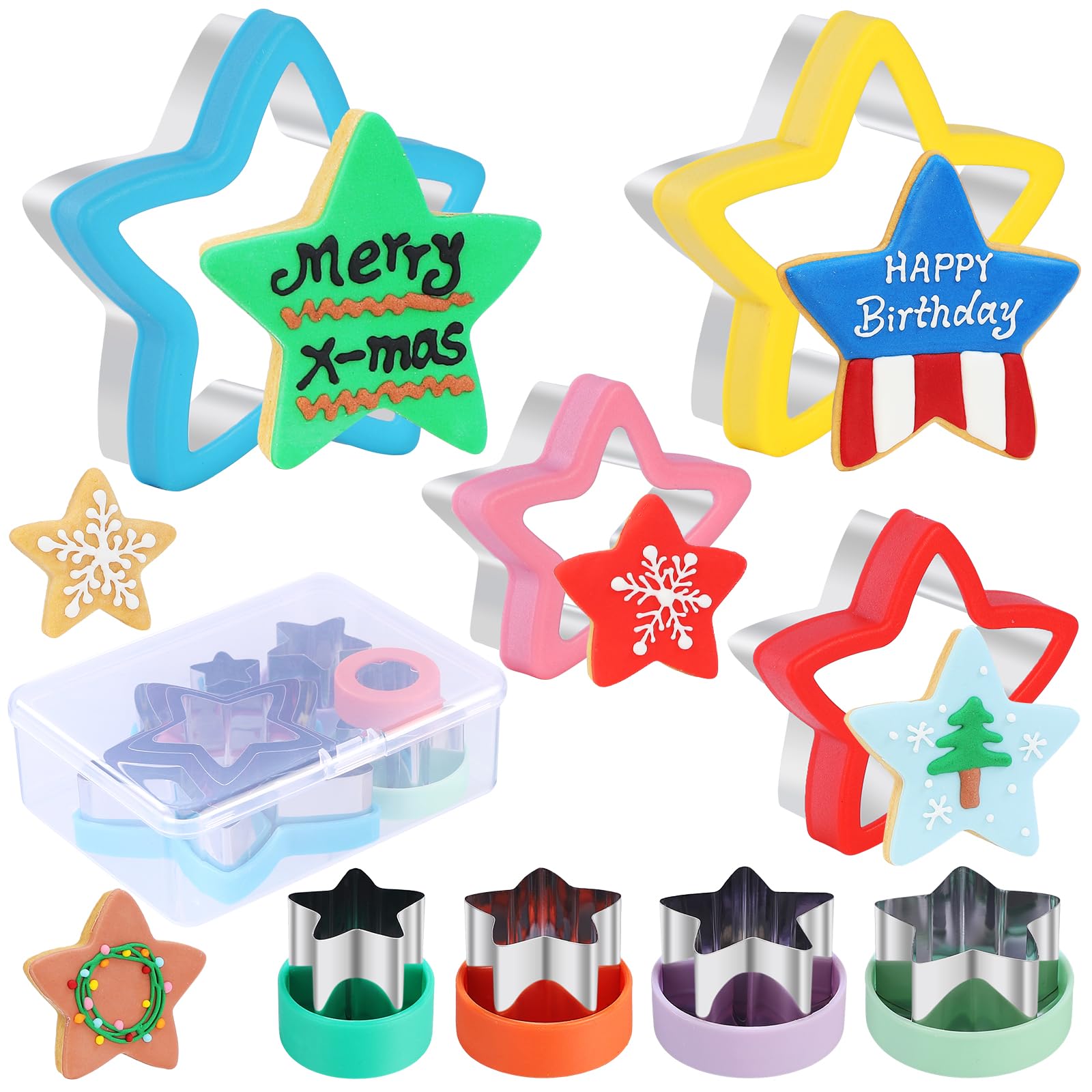 Juego de 8 cortadores de galletas de estrella con asas ergonómicas de plástico y caja de almacenamiento, herramienta de acero inoxidable resistente para galletas, galletas y recuerdos de fiesta, apto