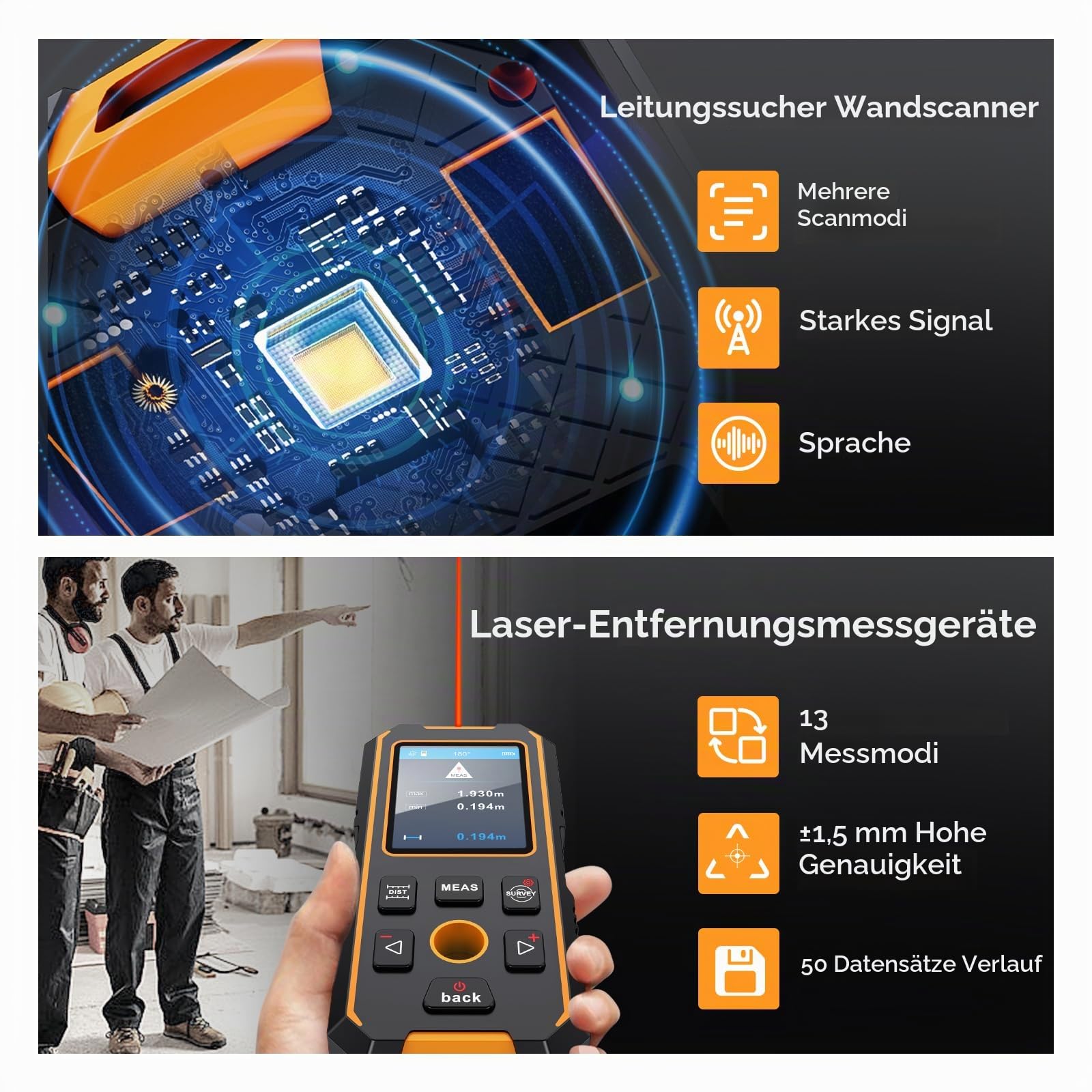 Wandbolzenfinder mit Laser Entferungsmesser, Multifunktionales Bolzenortungsgerät mit verbesserten Intelligenten Sensoren, LCD-Display und Sprachausgabe, Digitaler r Lasermessgerät 40M/130ft