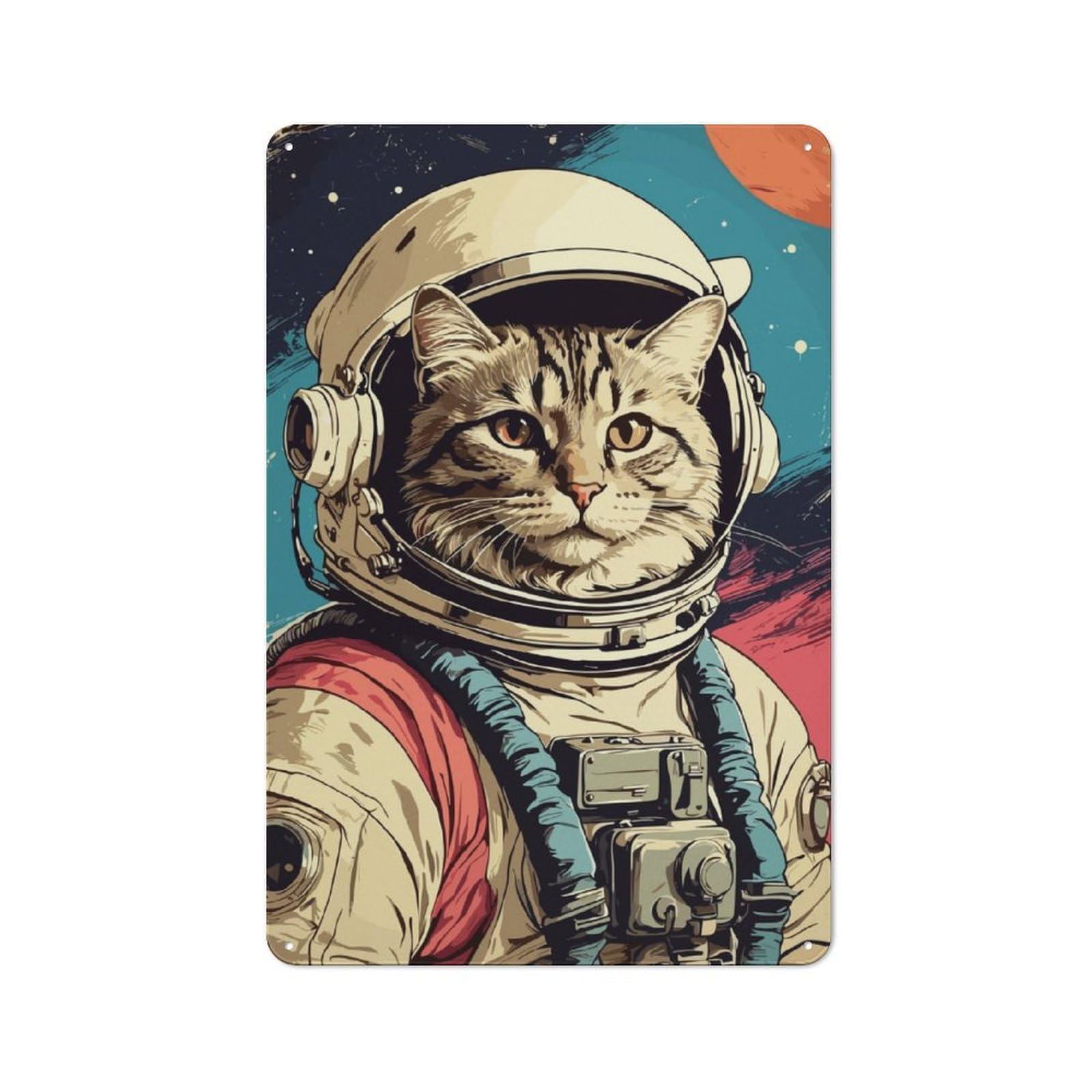 Cat in Space Rustic Tin Sign 30x20cm for Living Room Or Hallway, A Metal Wall Feature for Living Rooms And Hallways